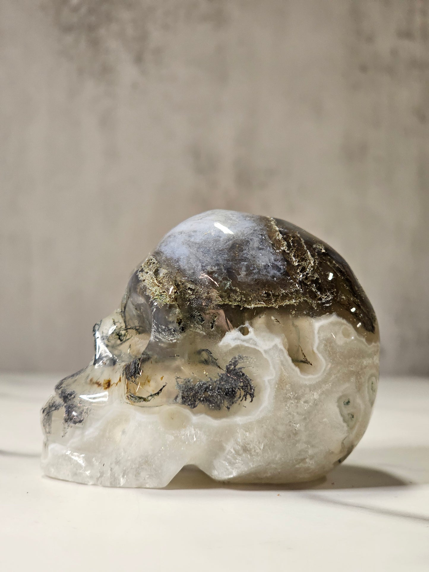 Moss Agate Skull Carving