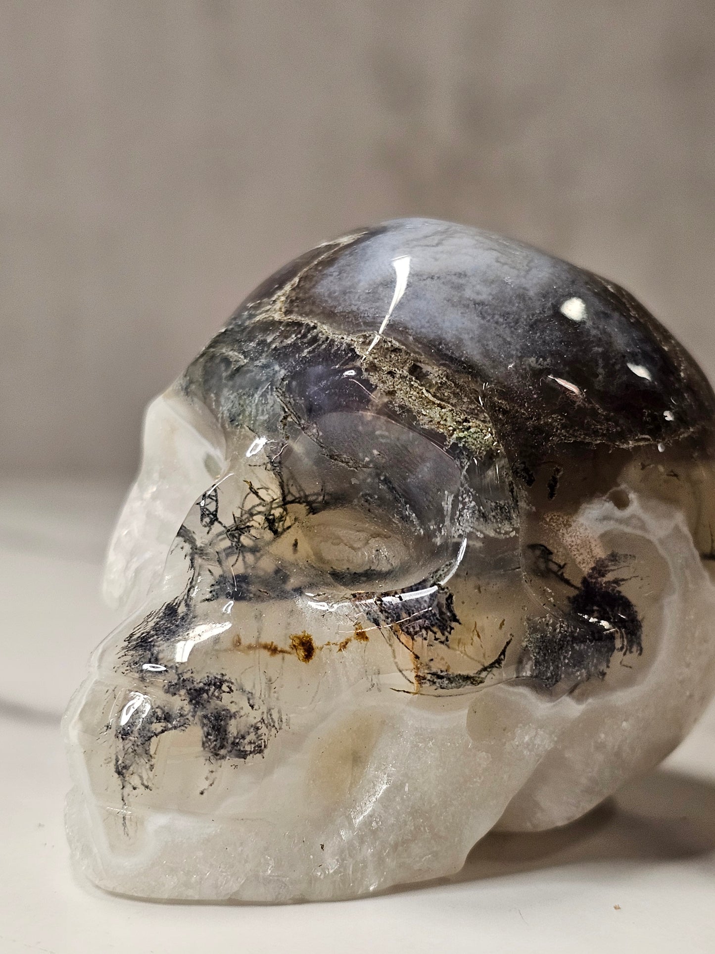 Moss Agate Skull Carving