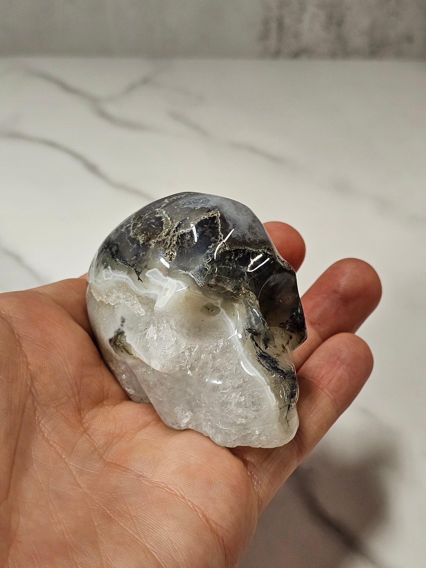 Moss Agate Skull Carving