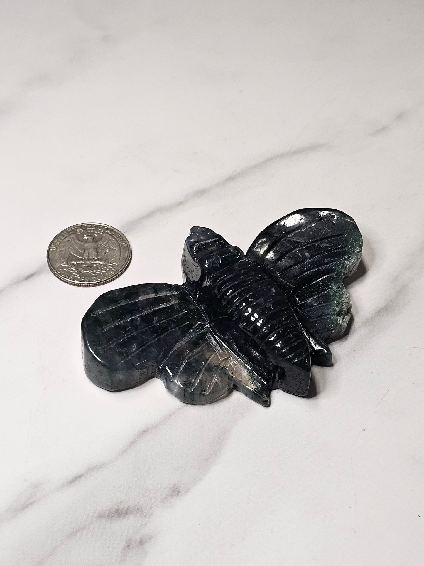 Moss Agate Moth Carving