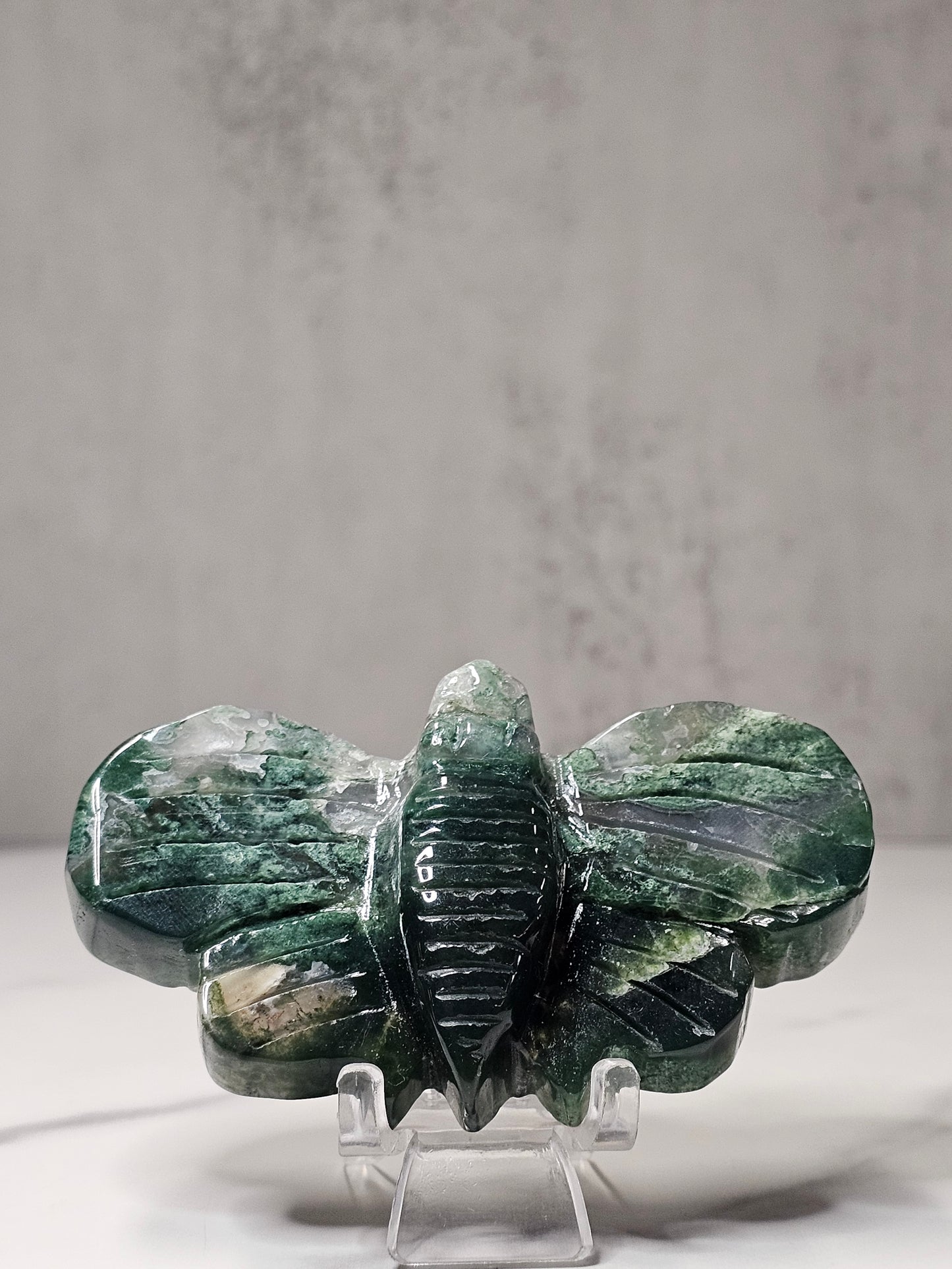 Moss Agate Moth Carving