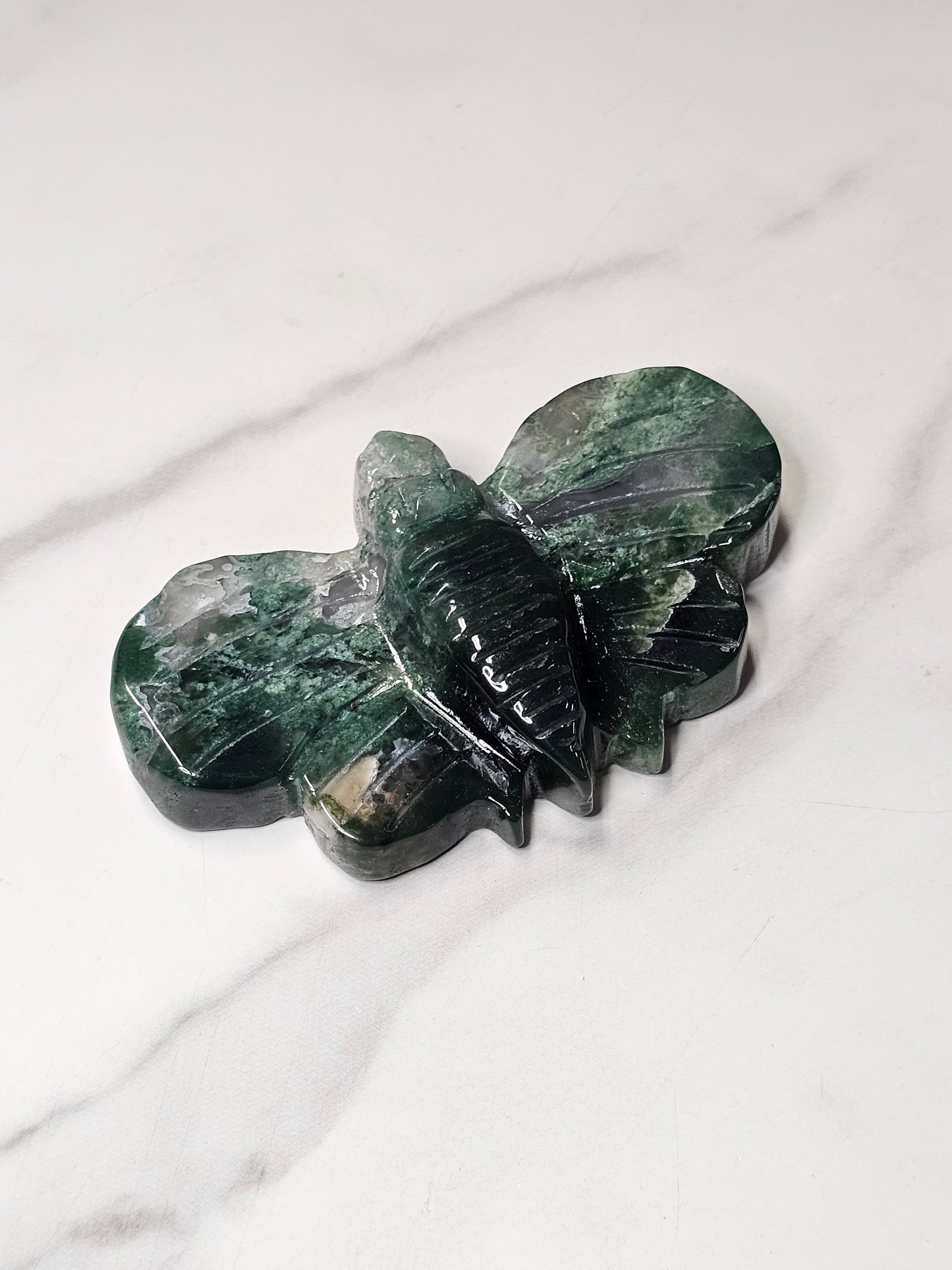 Moss Agate Moth Carving