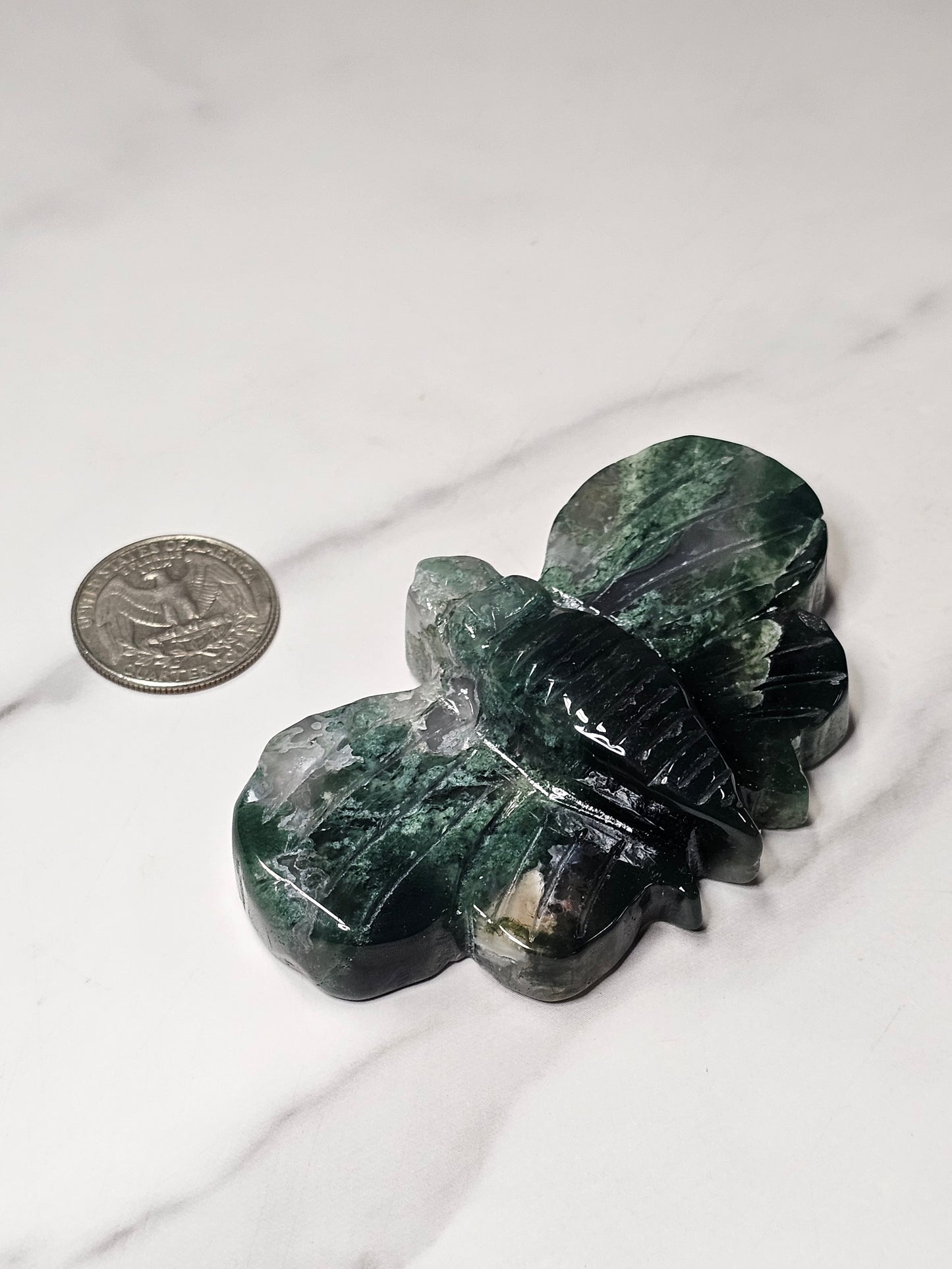 Moss Agate Moth Carving