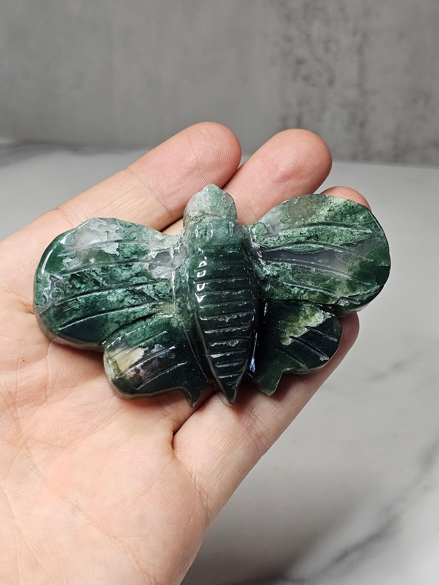 Moss Agate Moth Carving