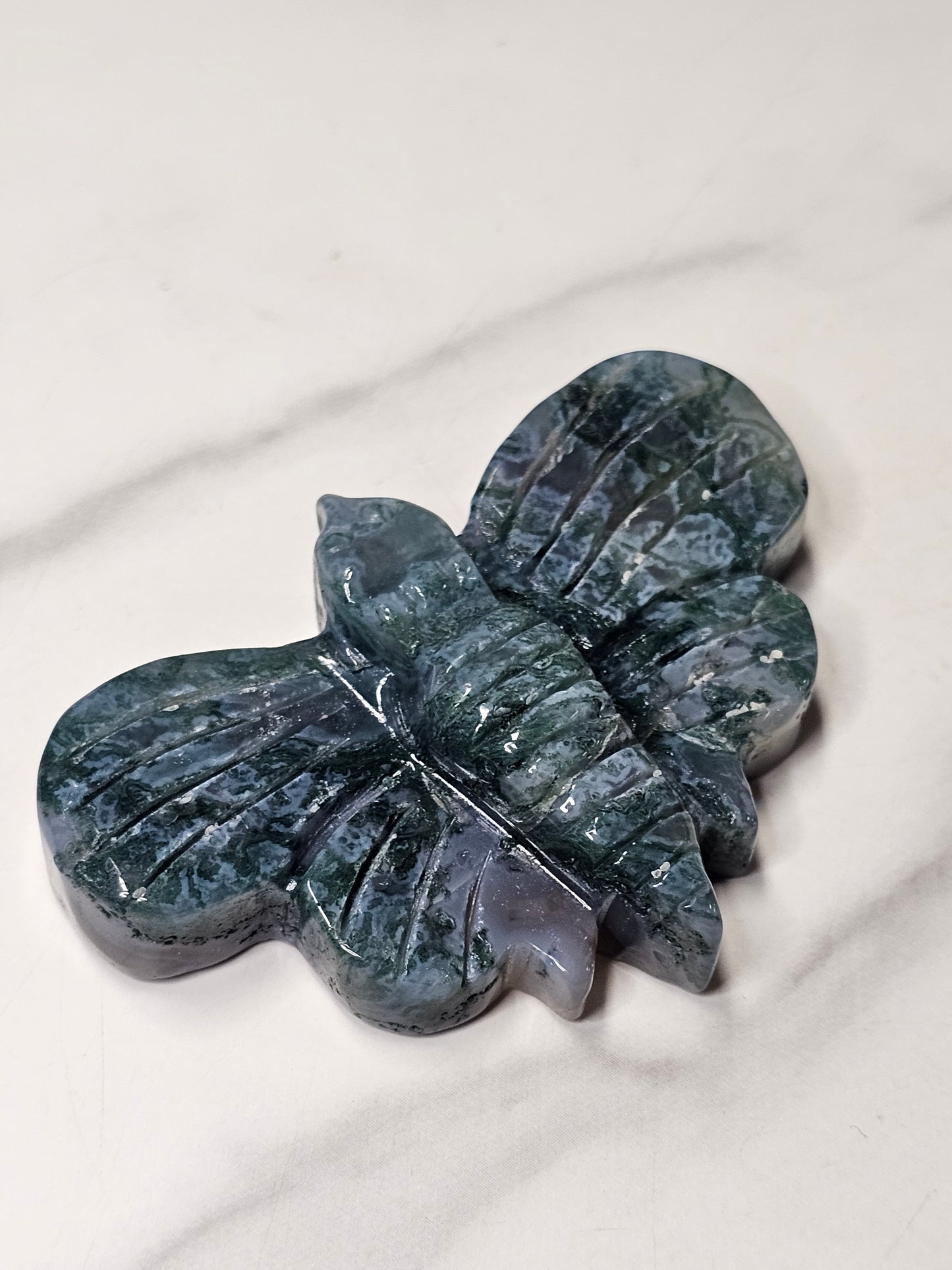 Moss Agate Moth Carving