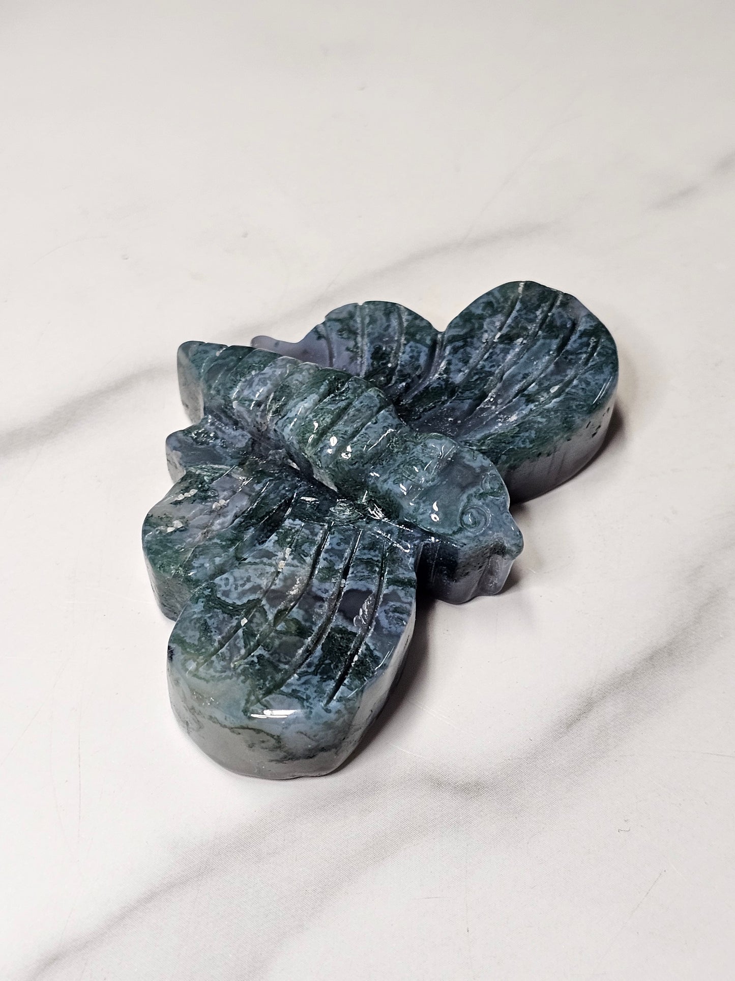 Moss Agate Moth Carving