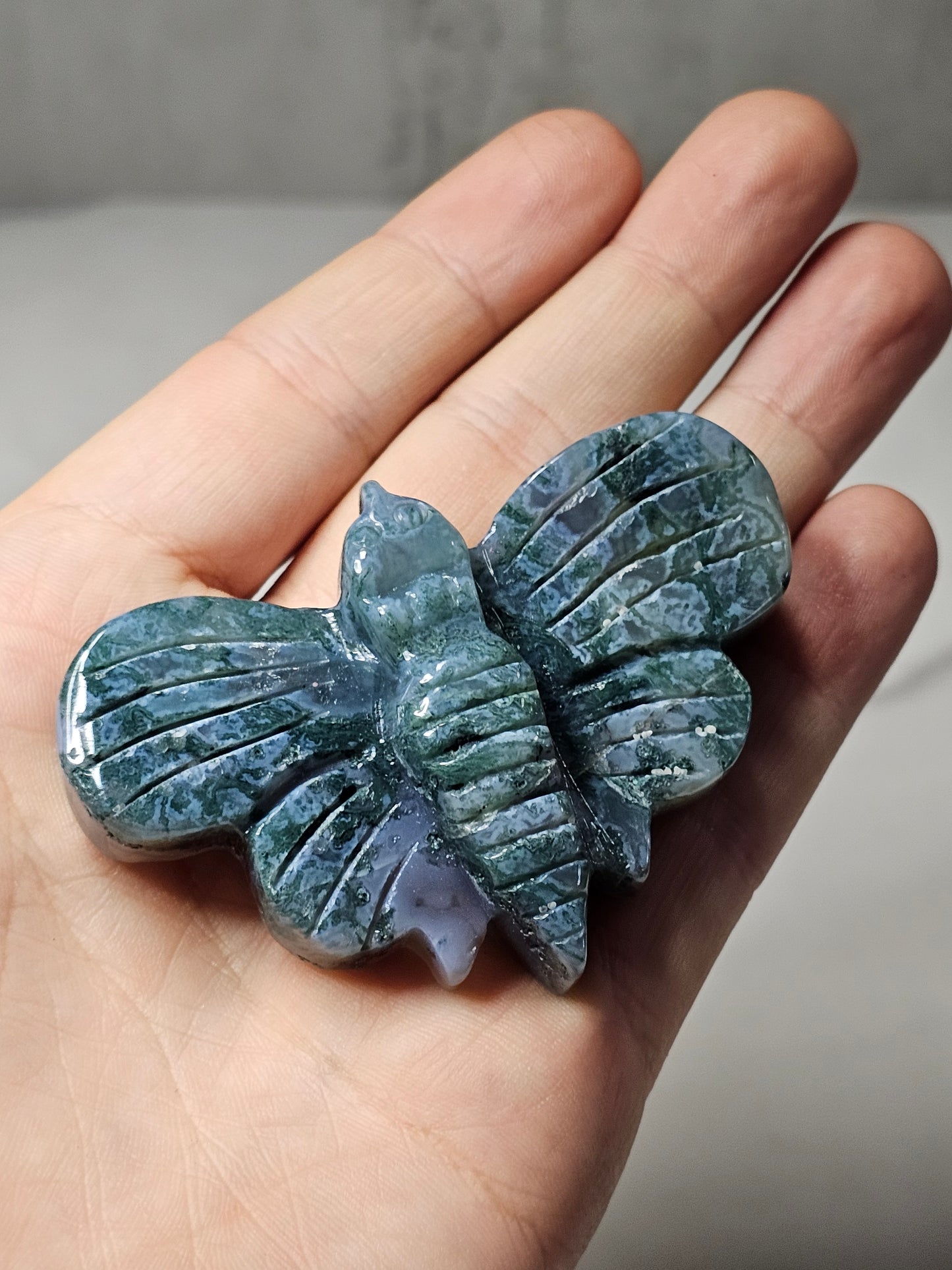 Moss Agate Moth Carving