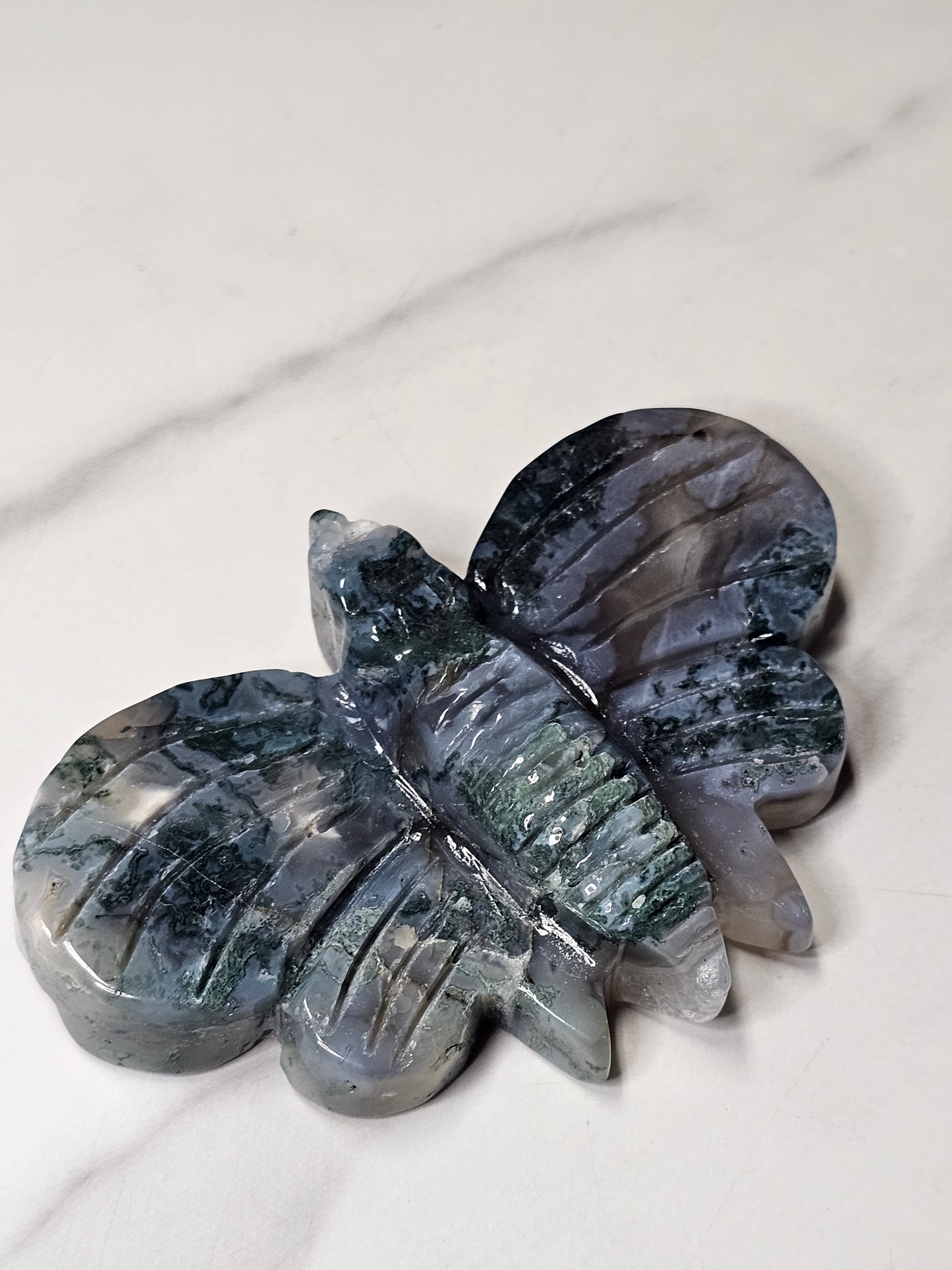 Moss Agate Moth Carving