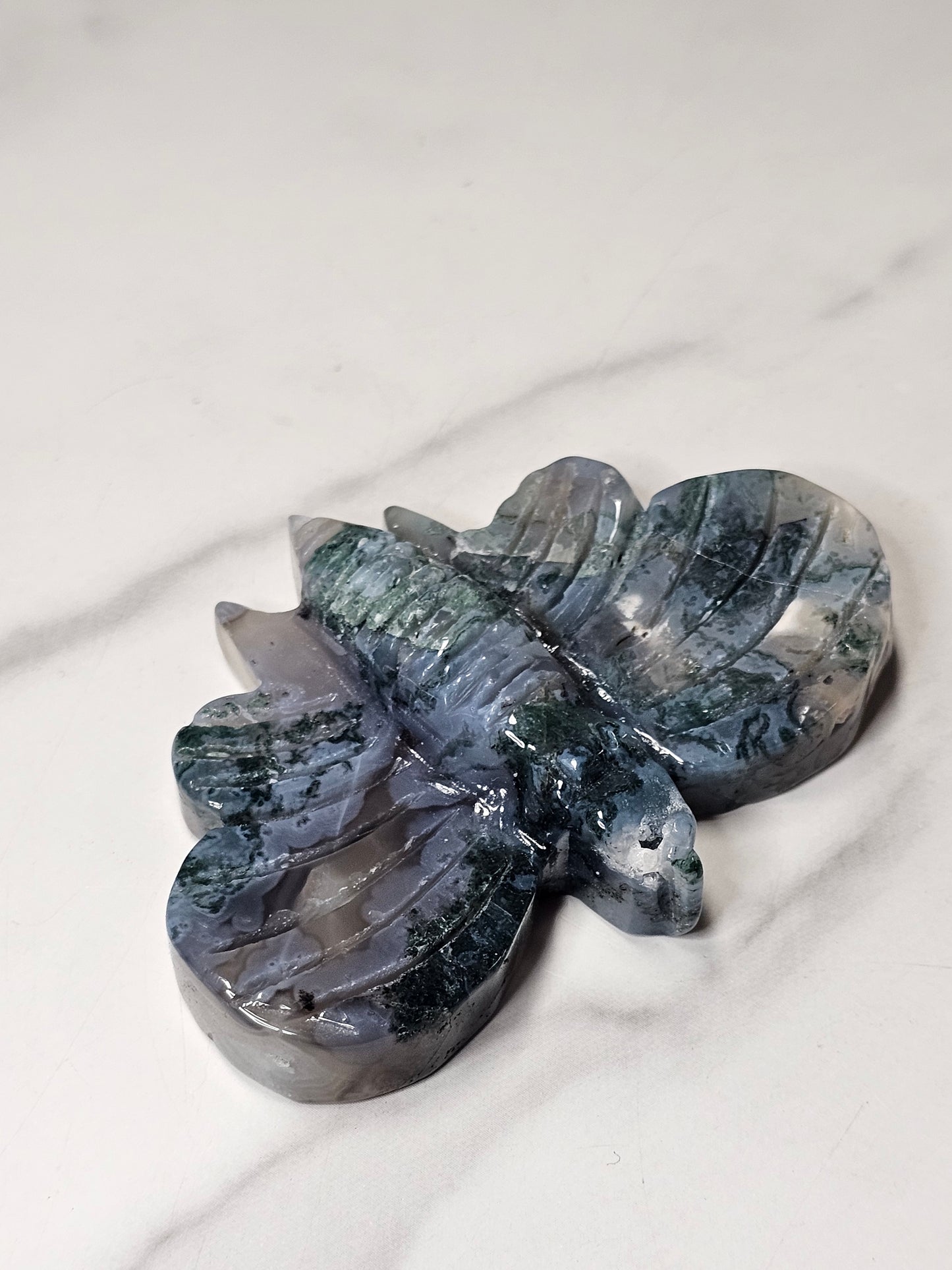 Moss Agate Moth Carving