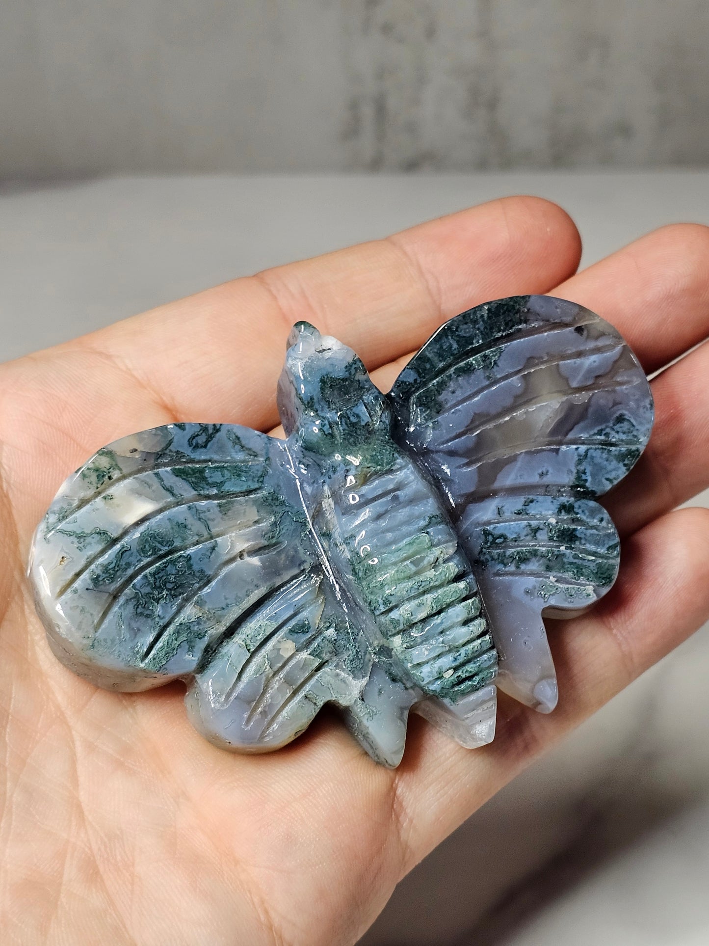 Moss Agate Moth Carving