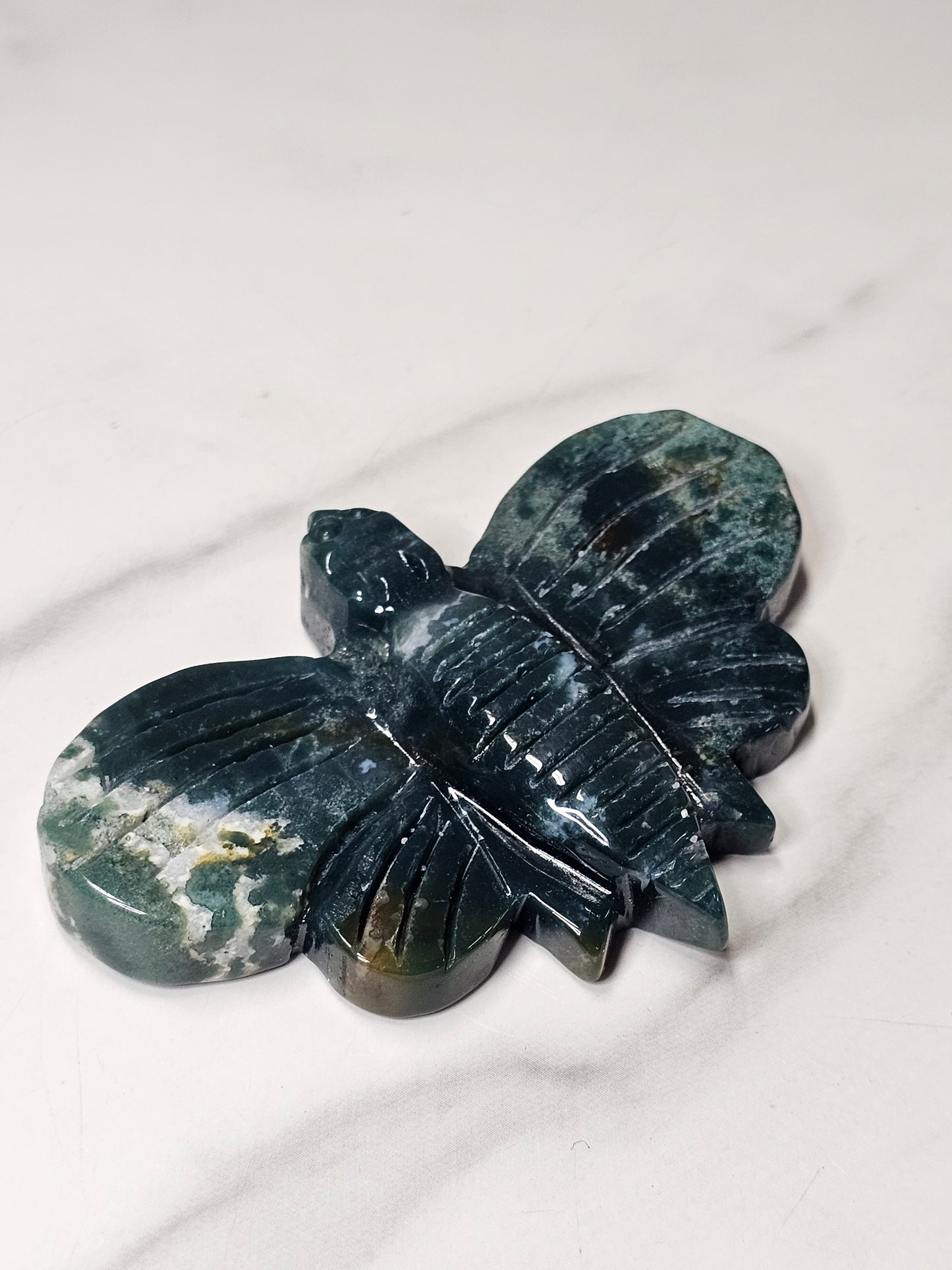 Moss Agate Moth Carving