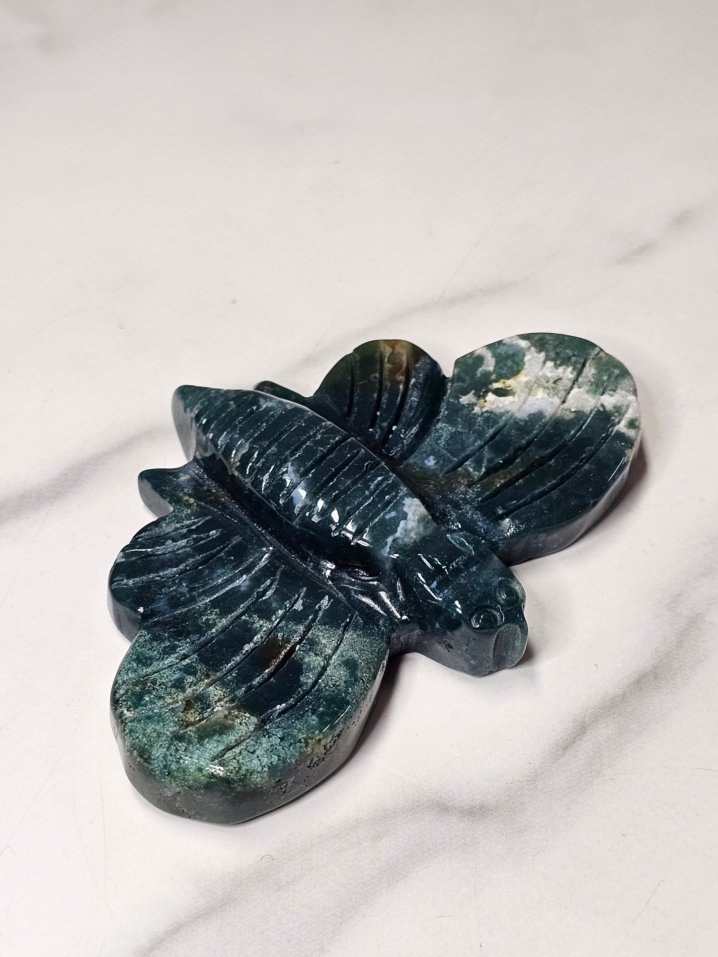 Moss Agate Moth Carving