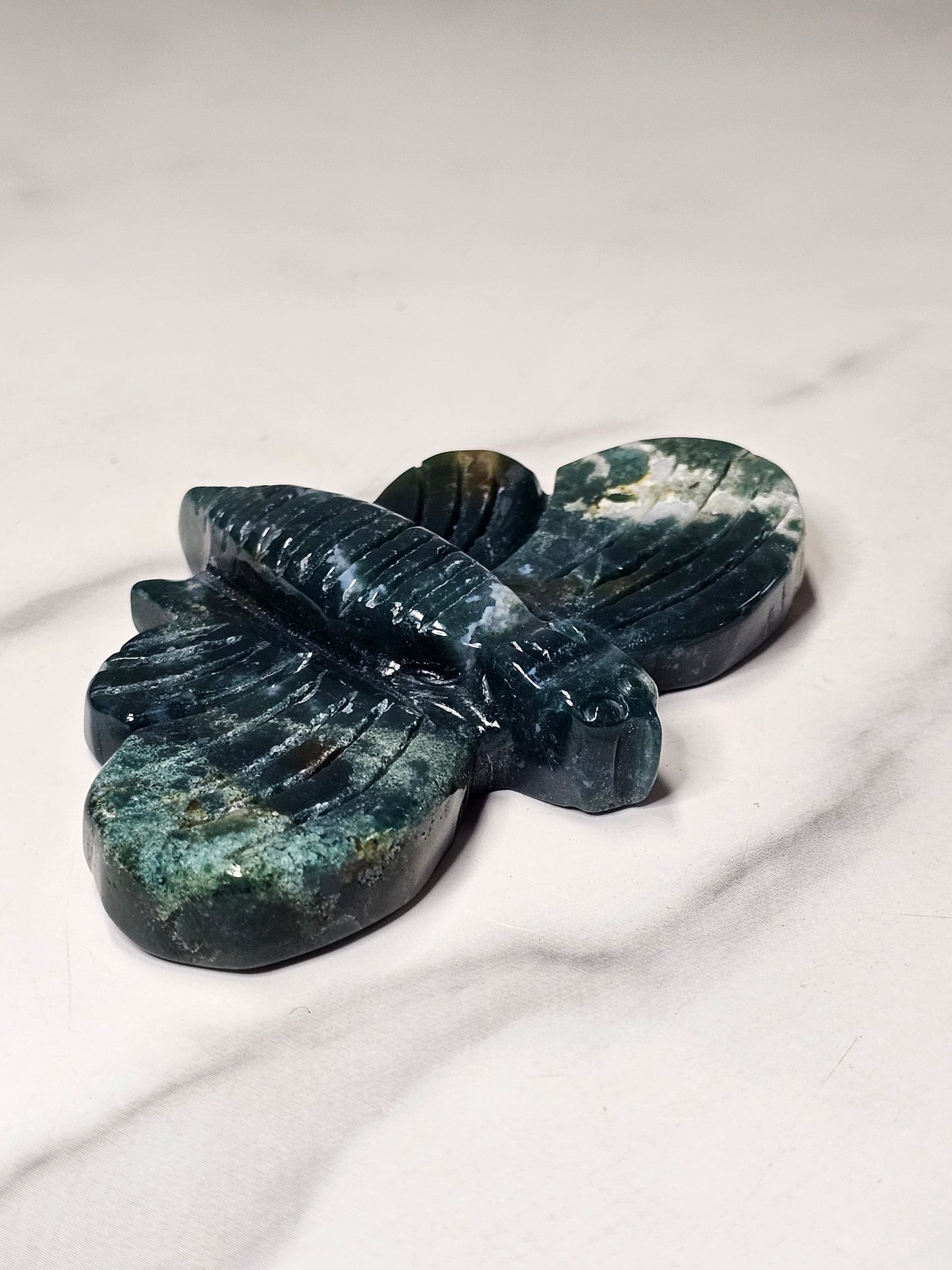 Moss Agate Moth Carving