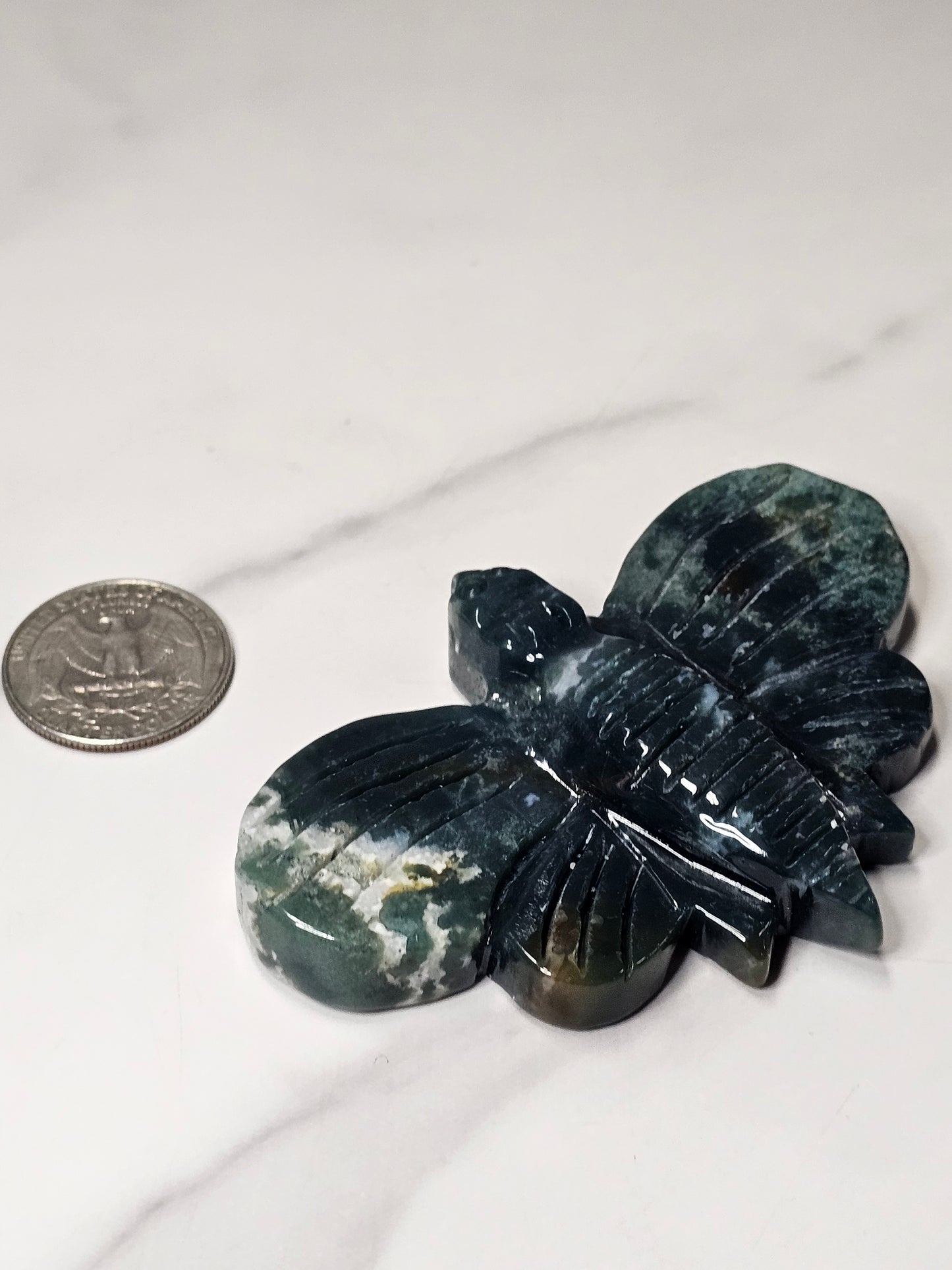 Moss Agate Moth Carving