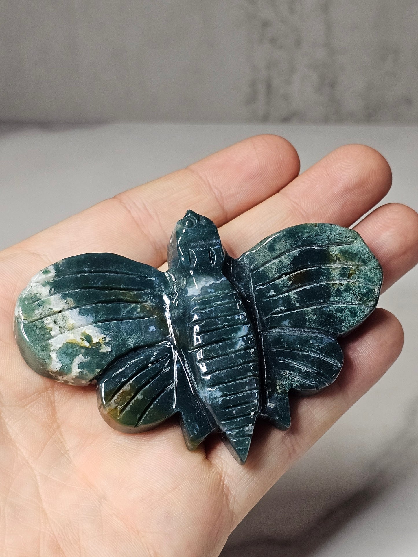 Moss Agate Moth Carving