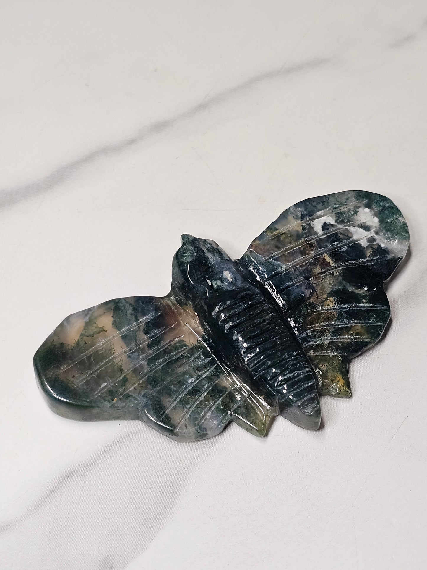 Moss Agate Moth Carving