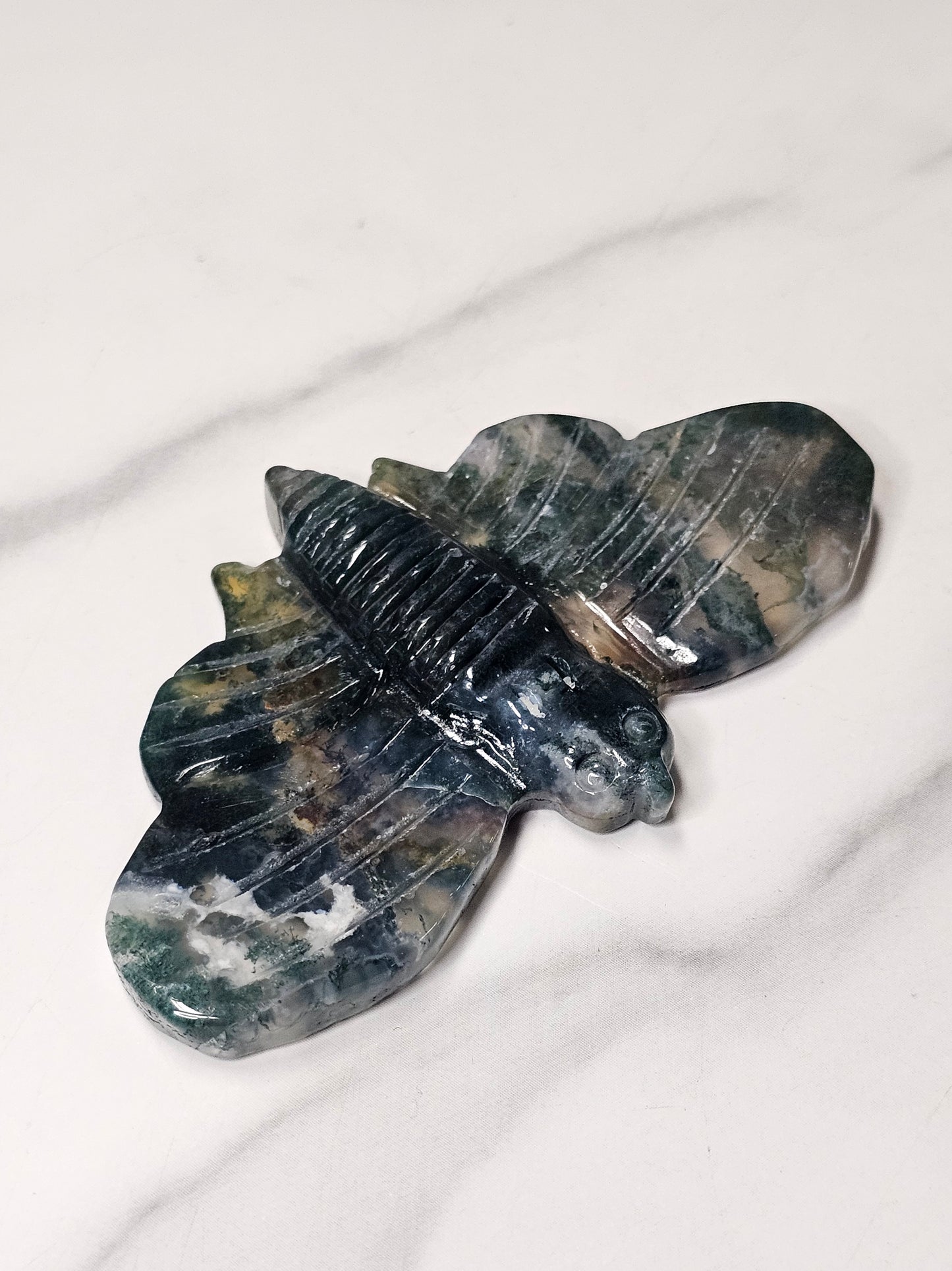 Moss Agate Moth Carving