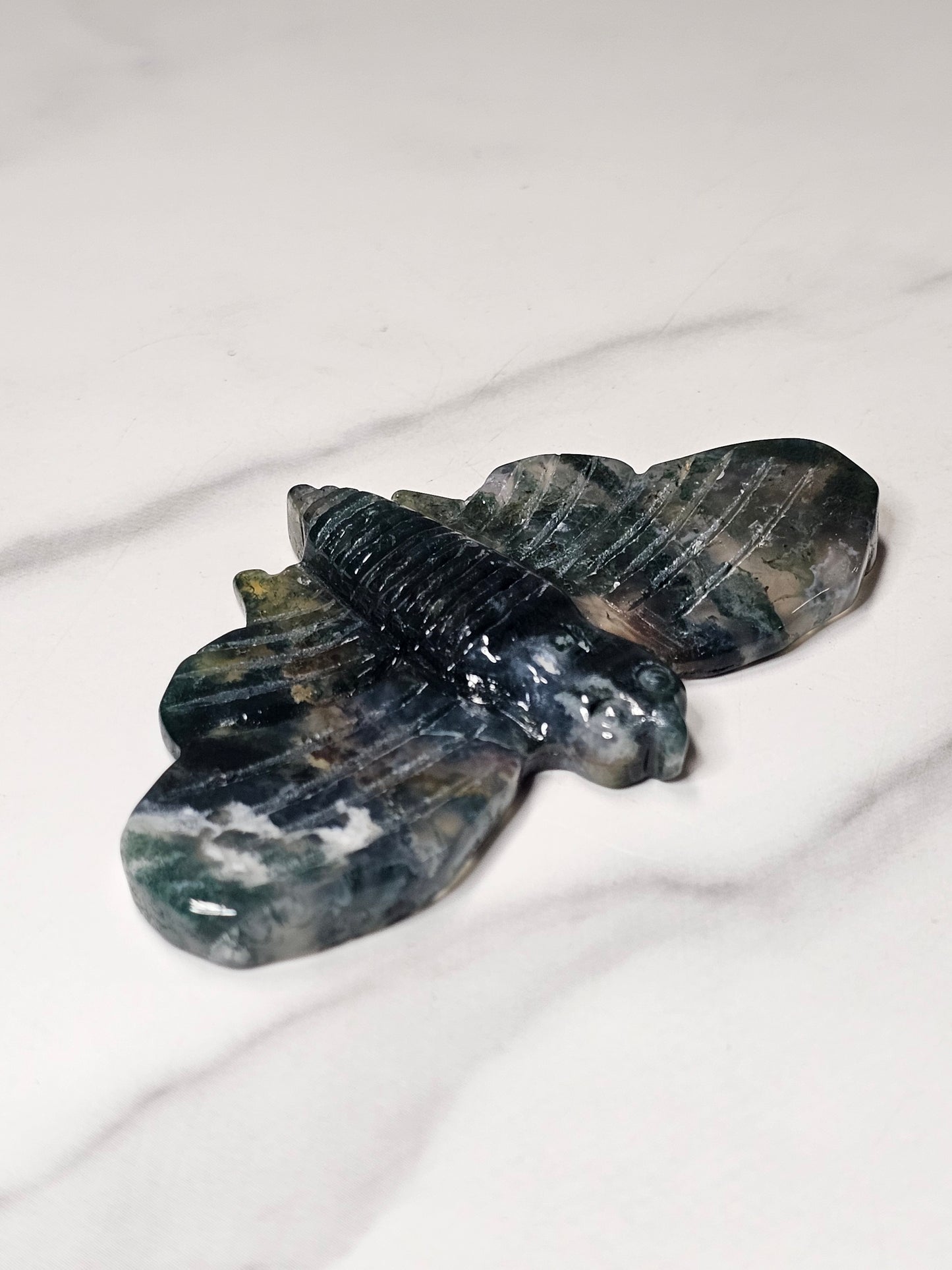 Moss Agate Moth Carving