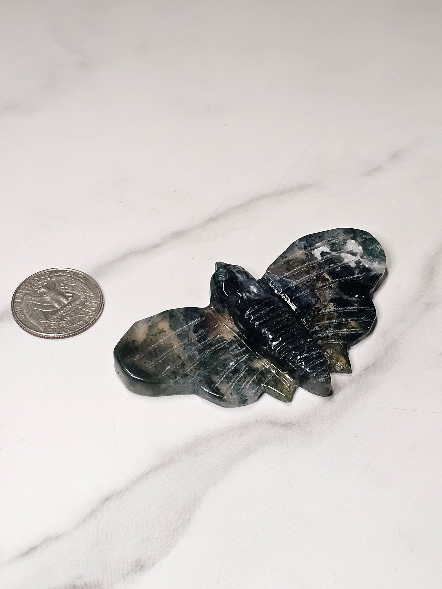 Moss Agate Moth Carving