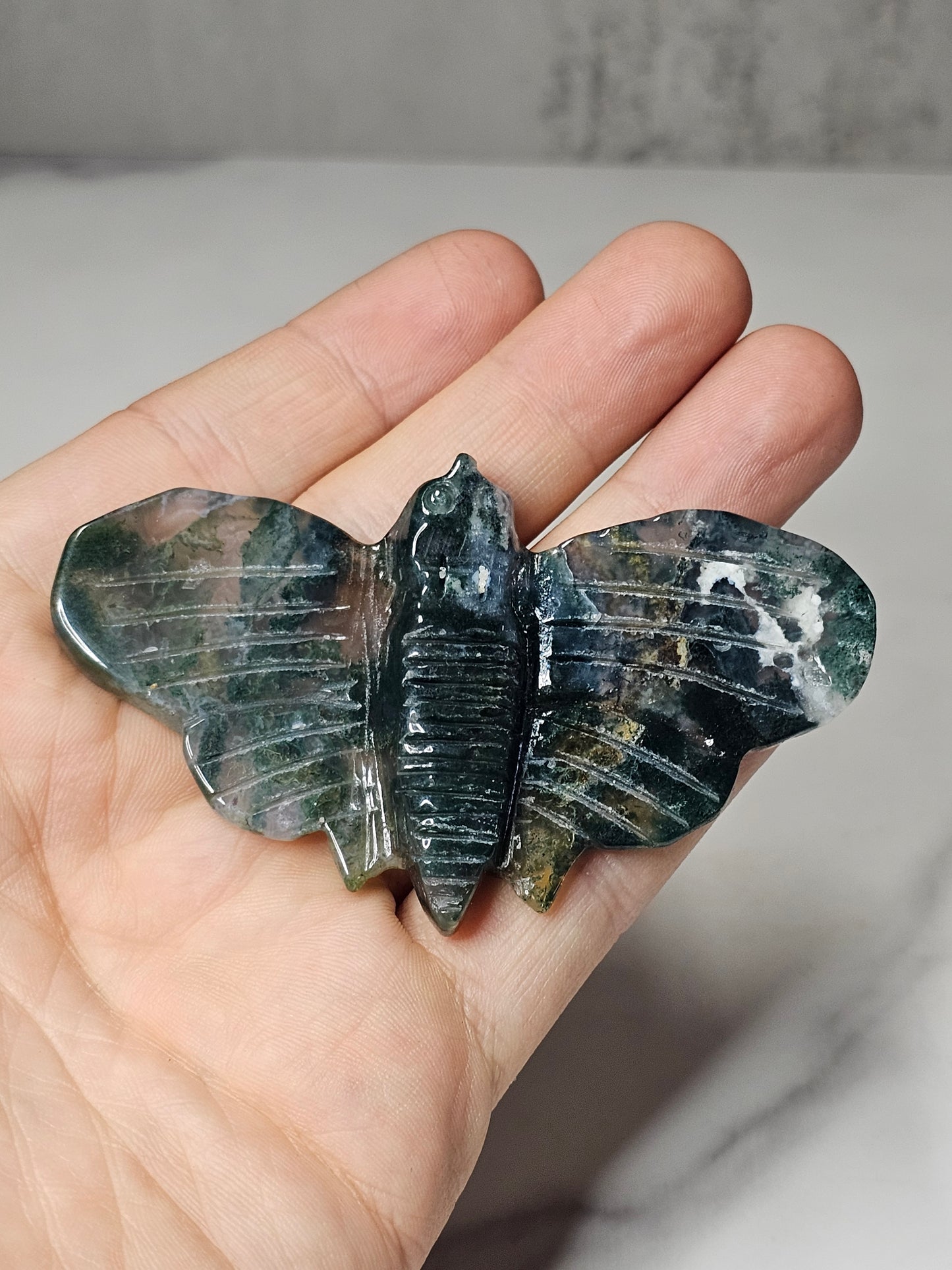 Moss Agate Moth Carving