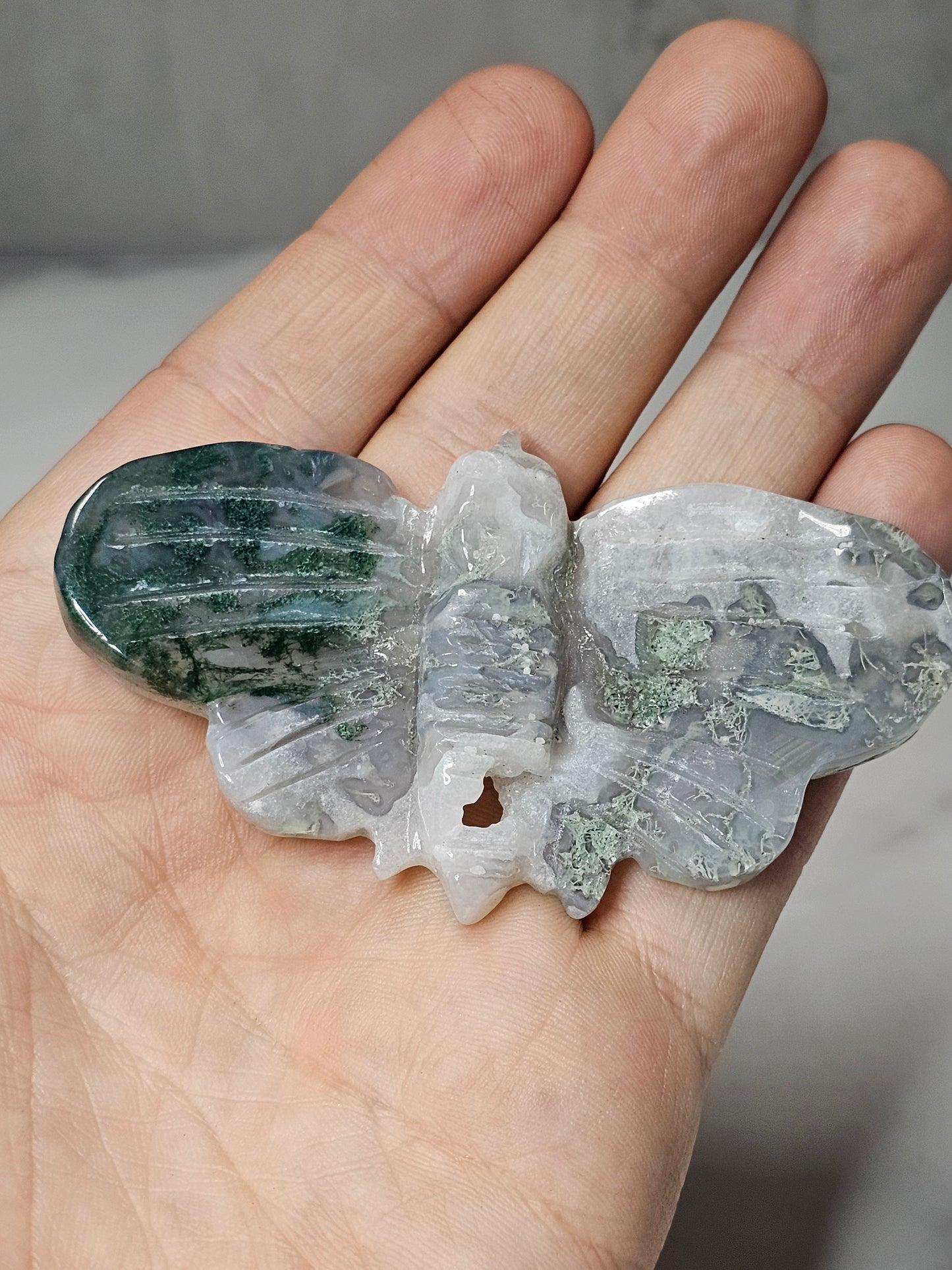 Moss Agate Moth Carving