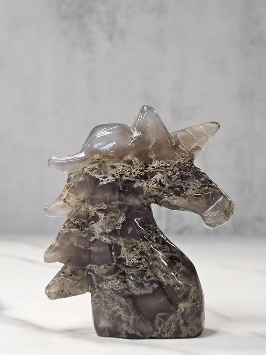 Moss Agate Unicorn Carving