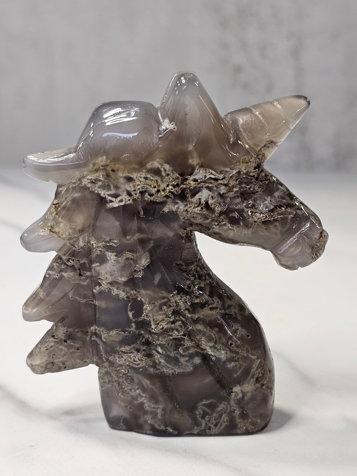 Moss Agate Unicorn Carving