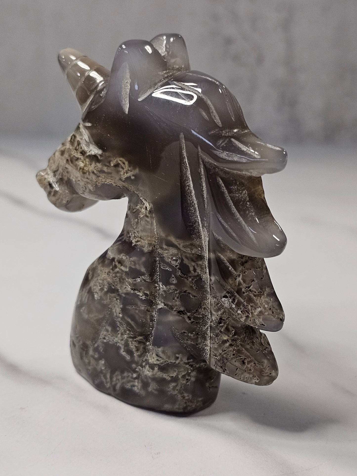 Moss Agate Unicorn Carving