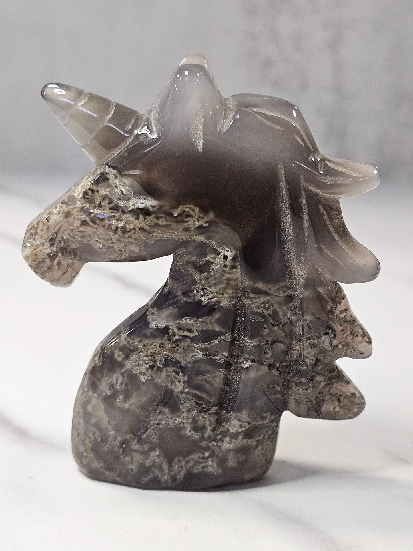 Moss Agate Unicorn Carving