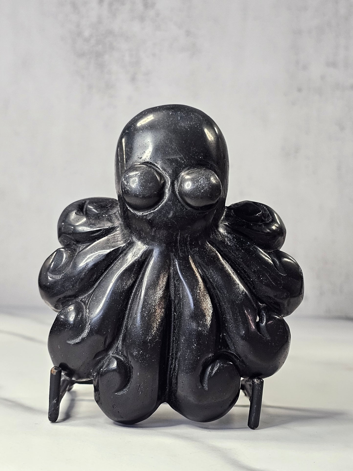 Silver Sheen Obsidian Octopus Carving