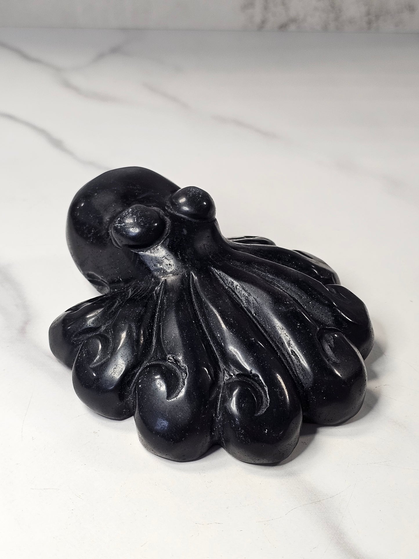 Silver Sheen Obsidian Octopus Carving