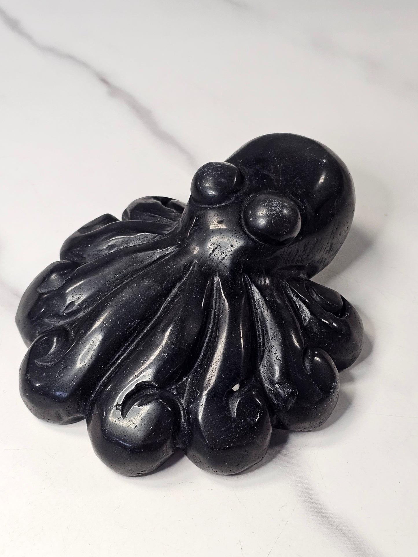 Silver Sheen Obsidian Octopus Carving