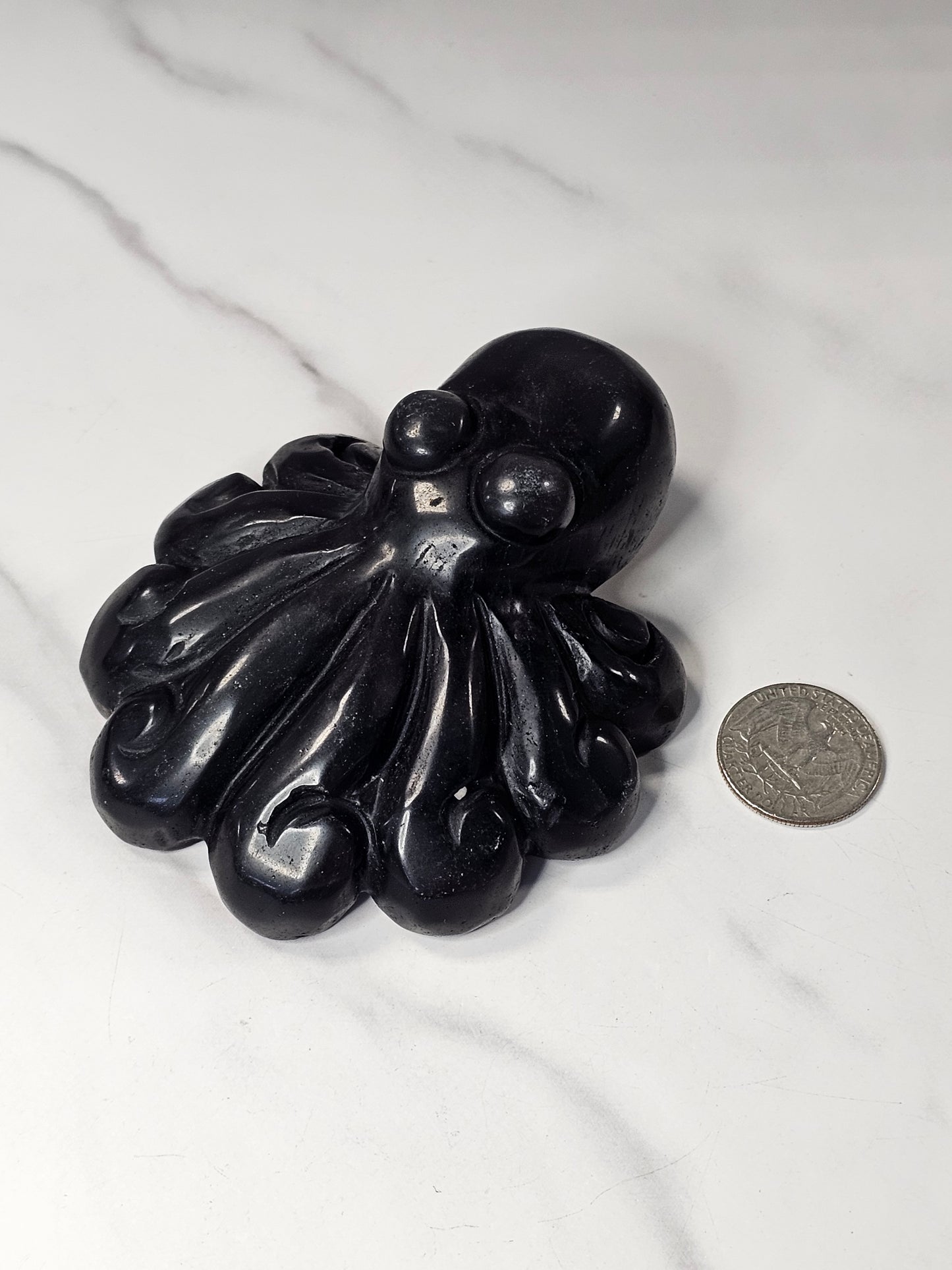 Silver Sheen Obsidian Octopus Carving