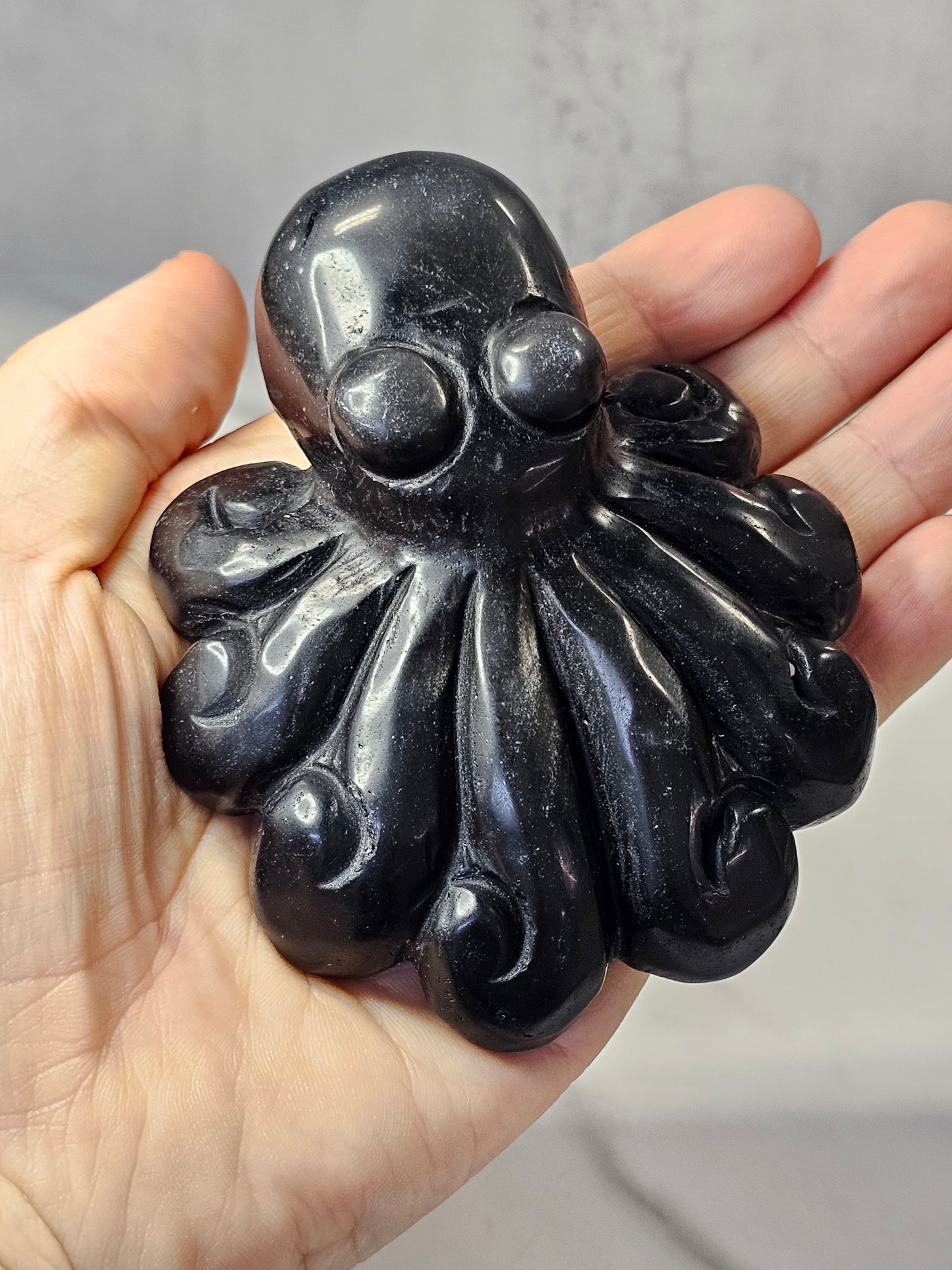 Silver Sheen Obsidian Octopus Carving