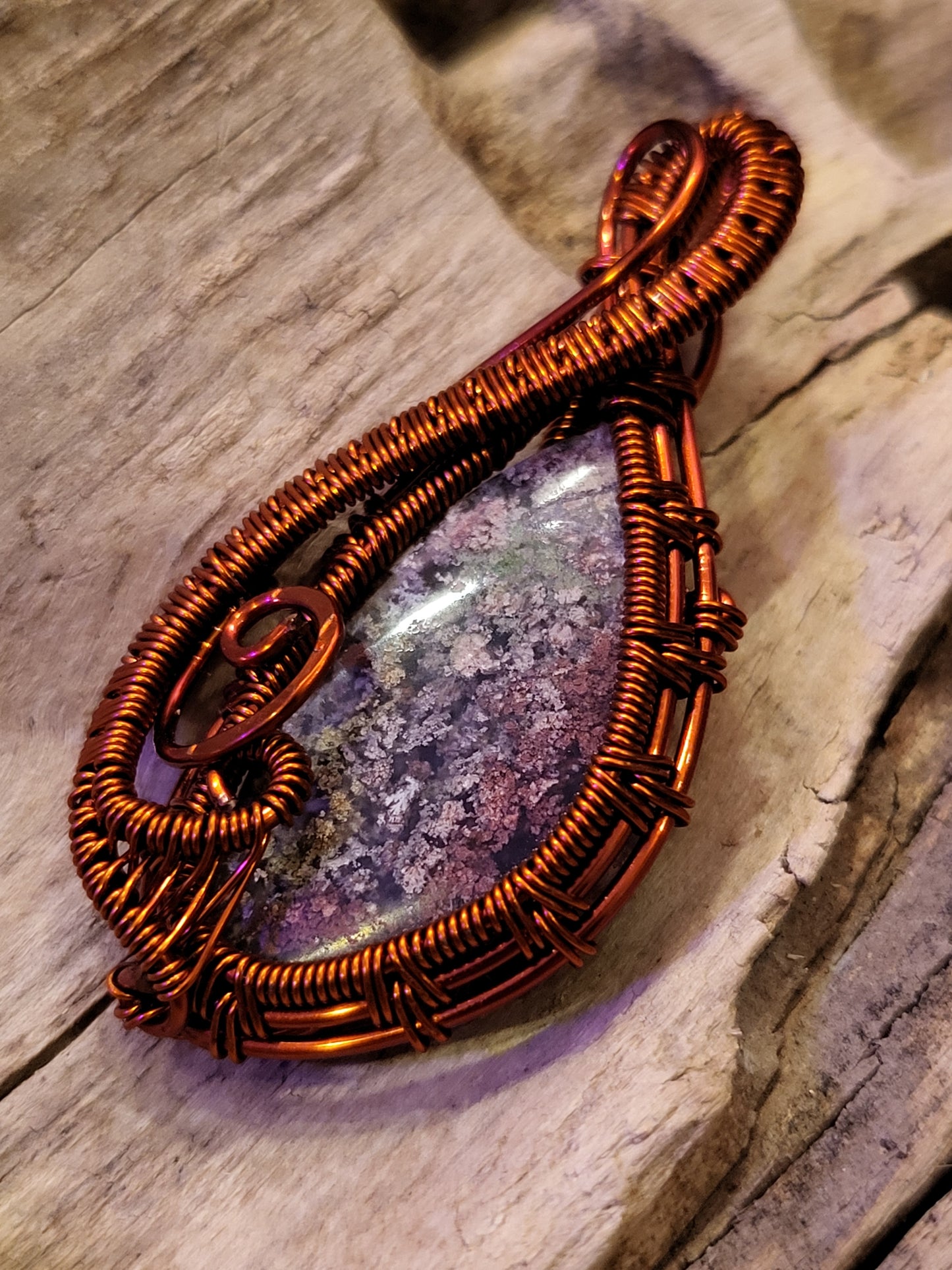 Moss Agate and Copper Wire Wrapped Necklace