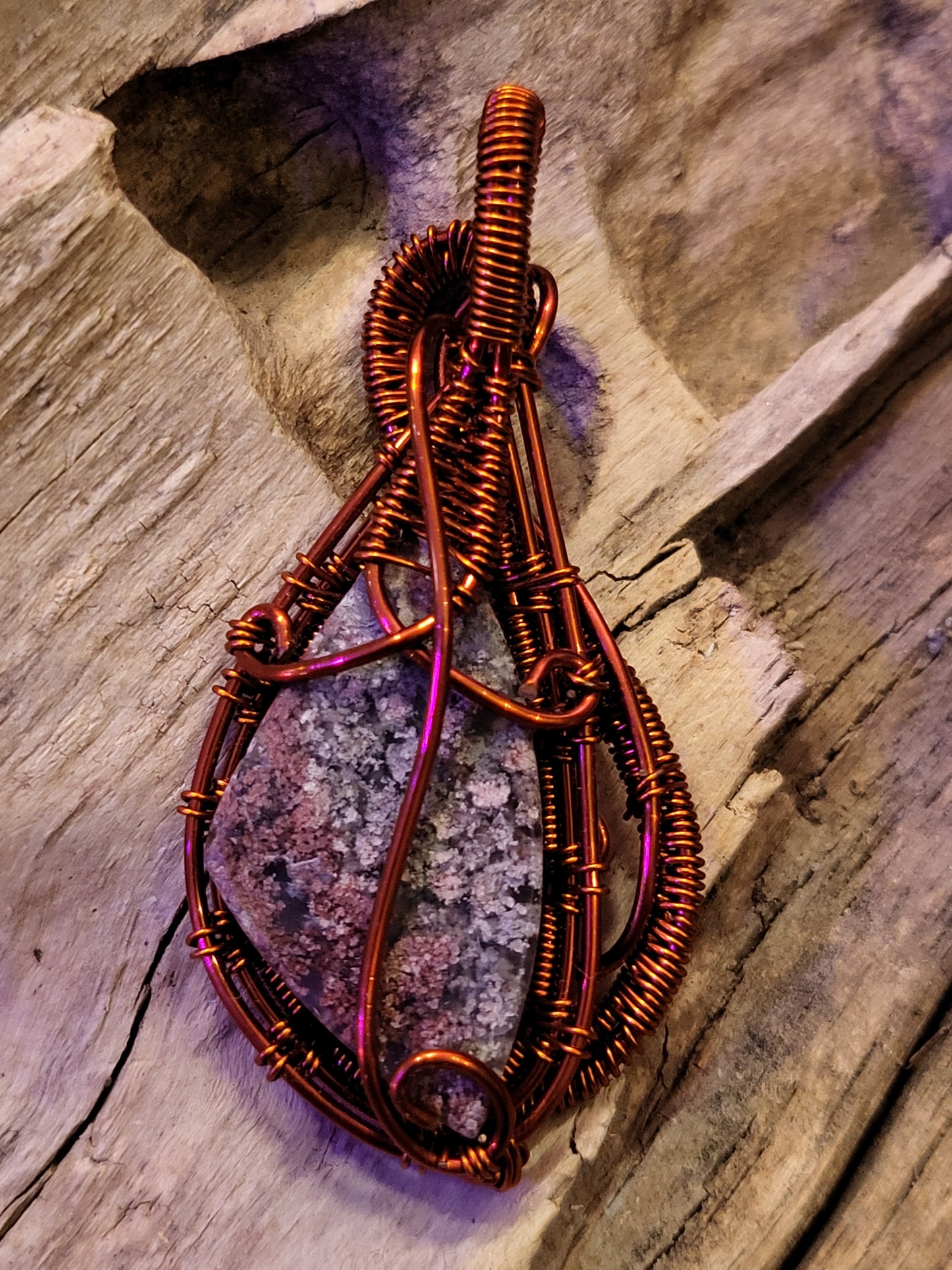 Moss Agate and Copper Wire Wrapped Necklace