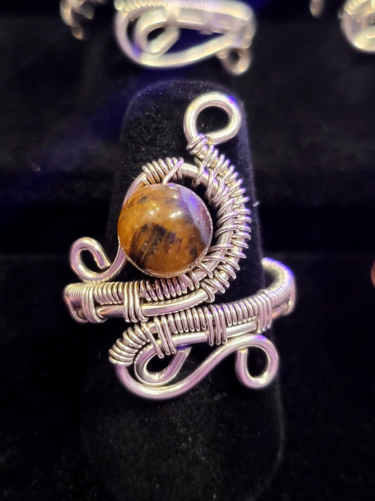 Tiger's Eye and Silver Wire Wrapped Ring Polished