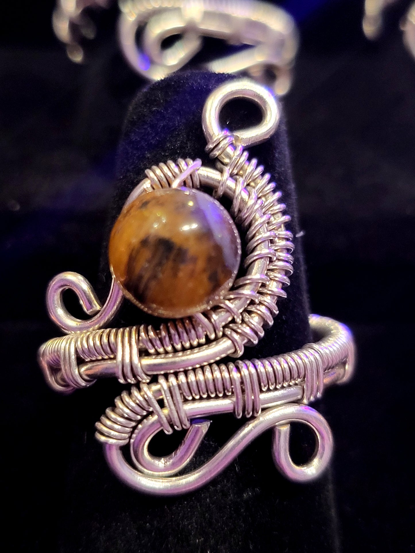 Tiger's Eye and Silver Wire Wrapped Ring Polished