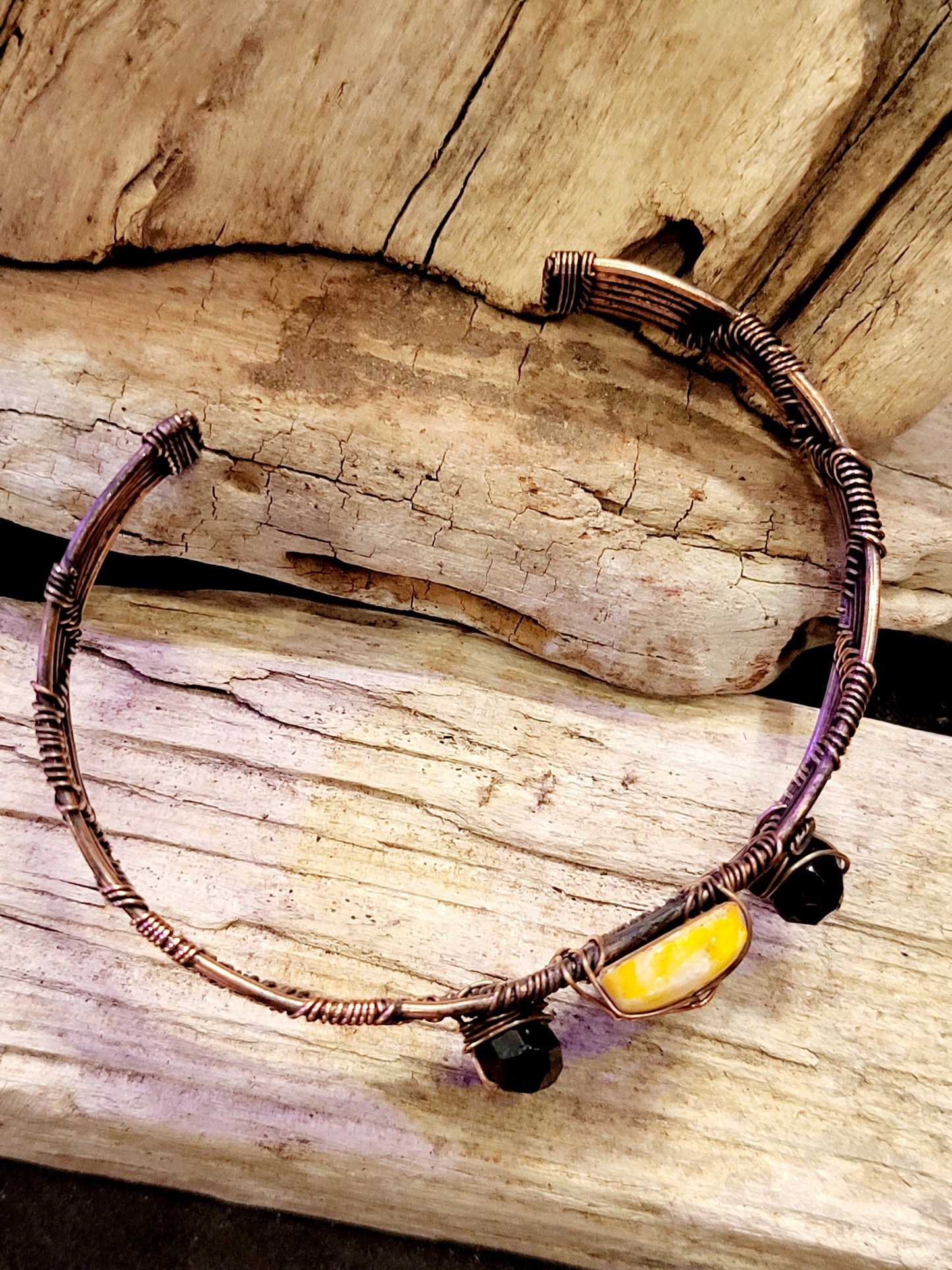 Bumblebee Jasper and Obsidian Wire Wrapped Cuff