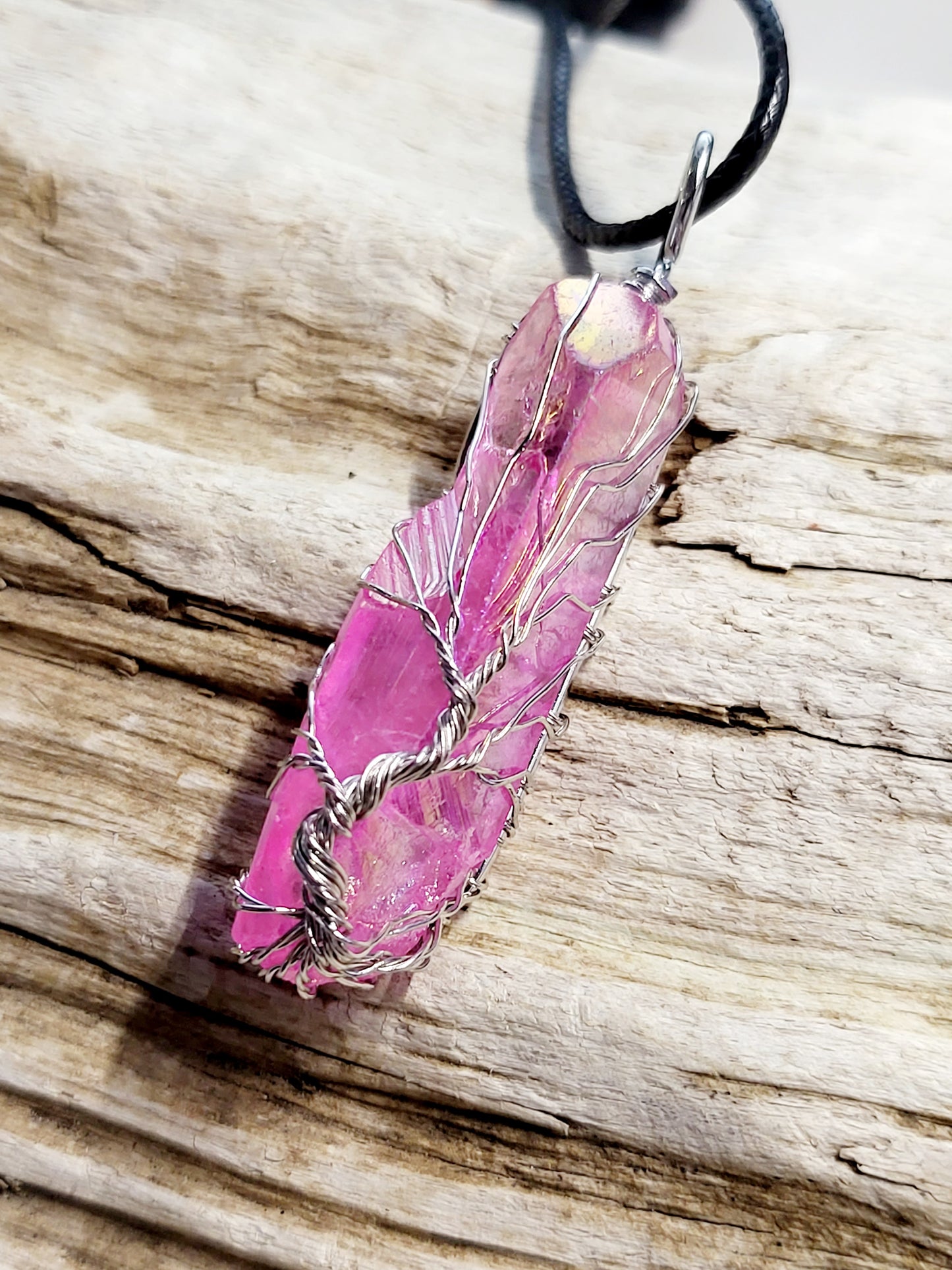 Pink Quartz Tree of Life Silver Wire Wrapped Necklace