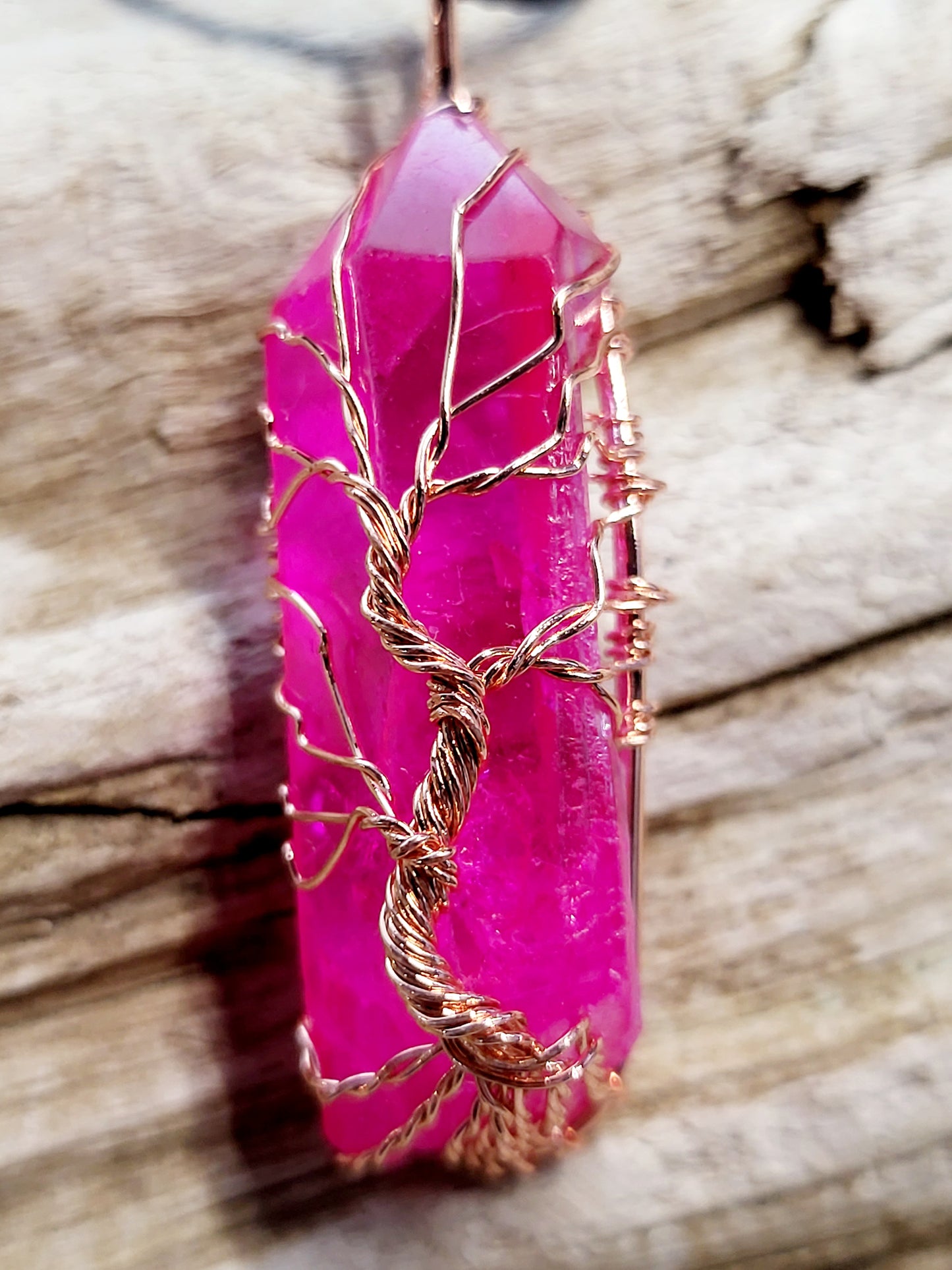 Pink Quartz Tree of Life Copper Wire Wrapped Necklace