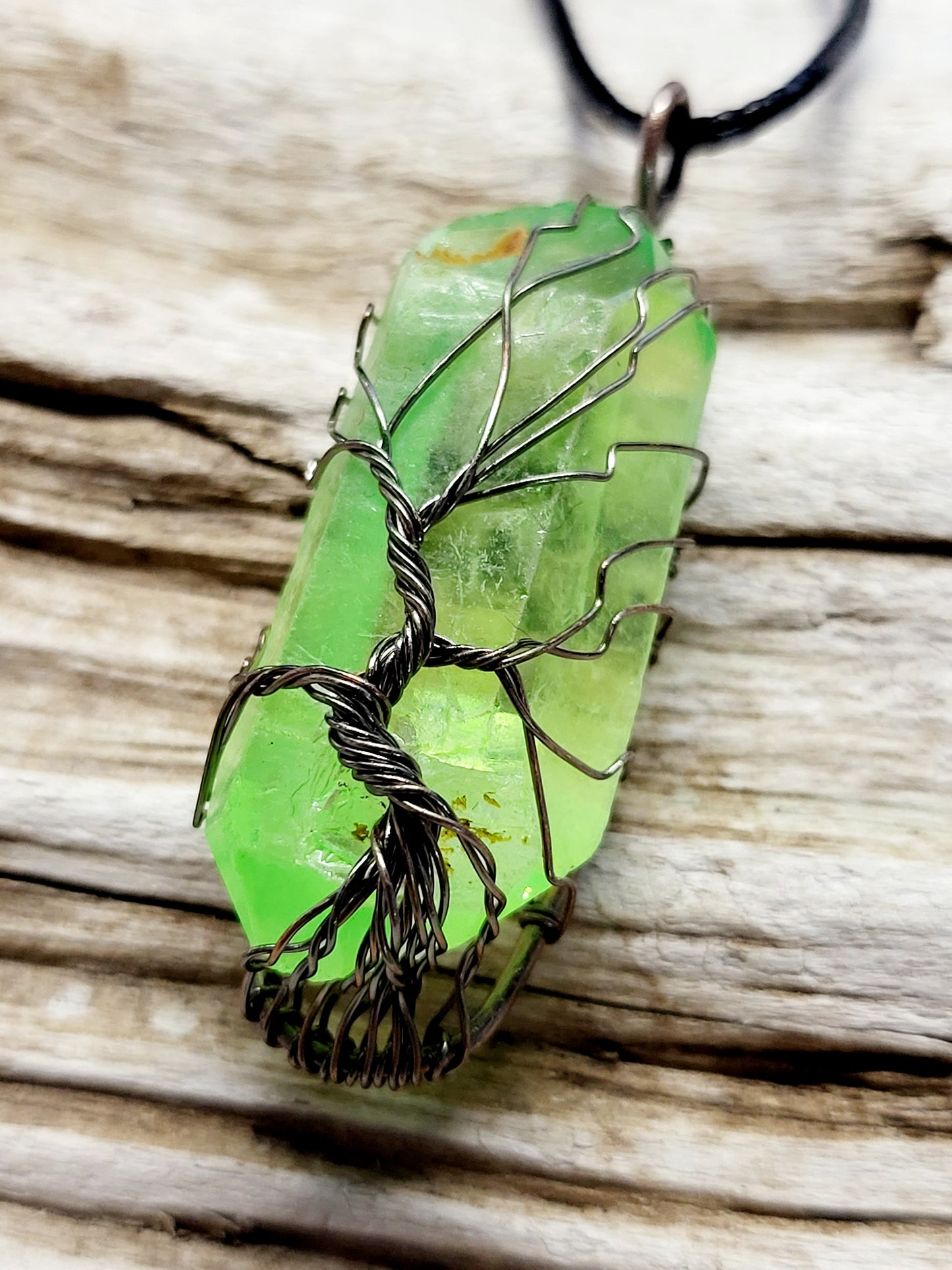 Green Quartz Tree of Life Silver Antiqued Wire Wrapped Necklace