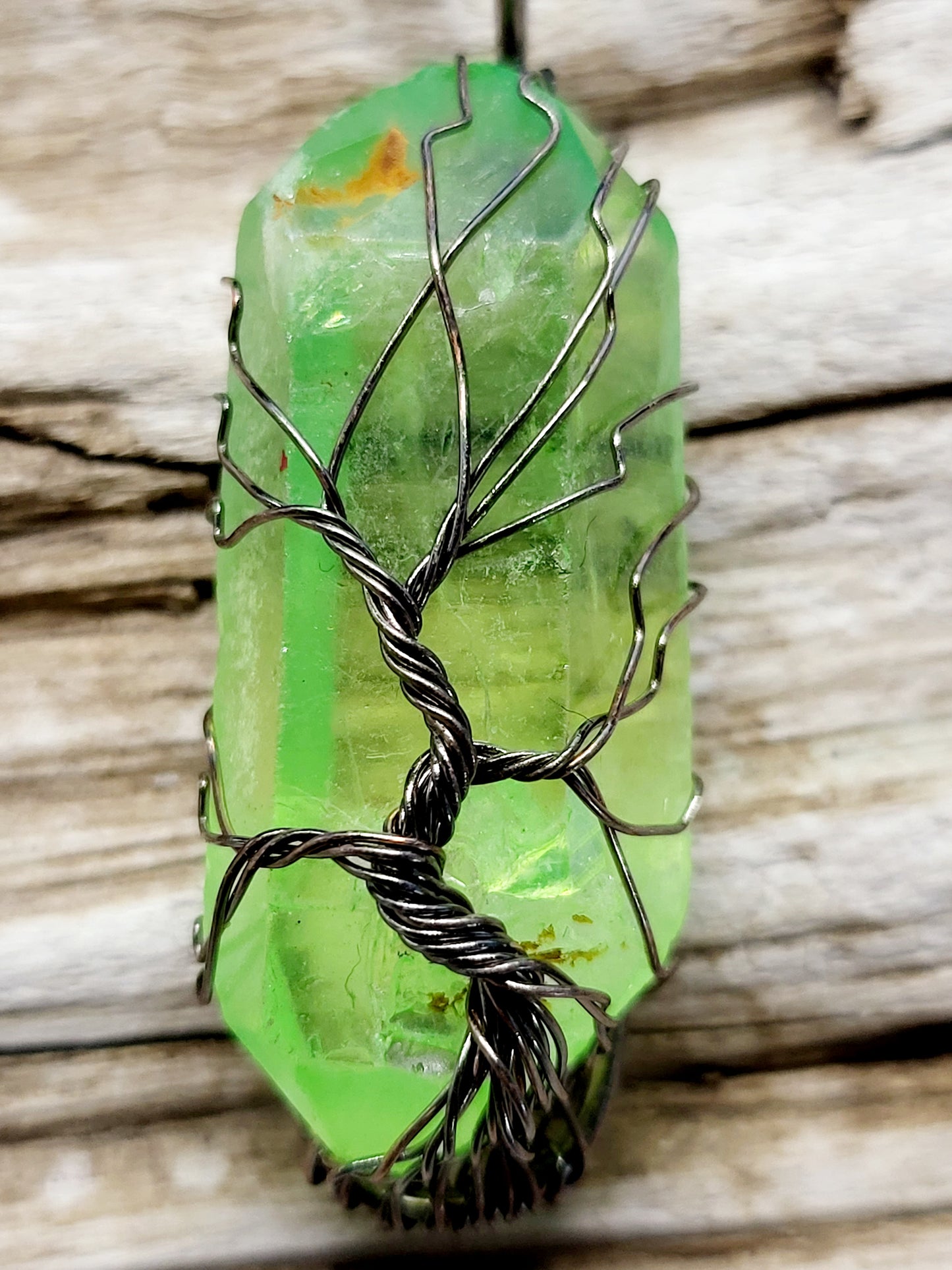 Green Quartz Tree of Life Silver Antiqued Wire Wrapped Necklace