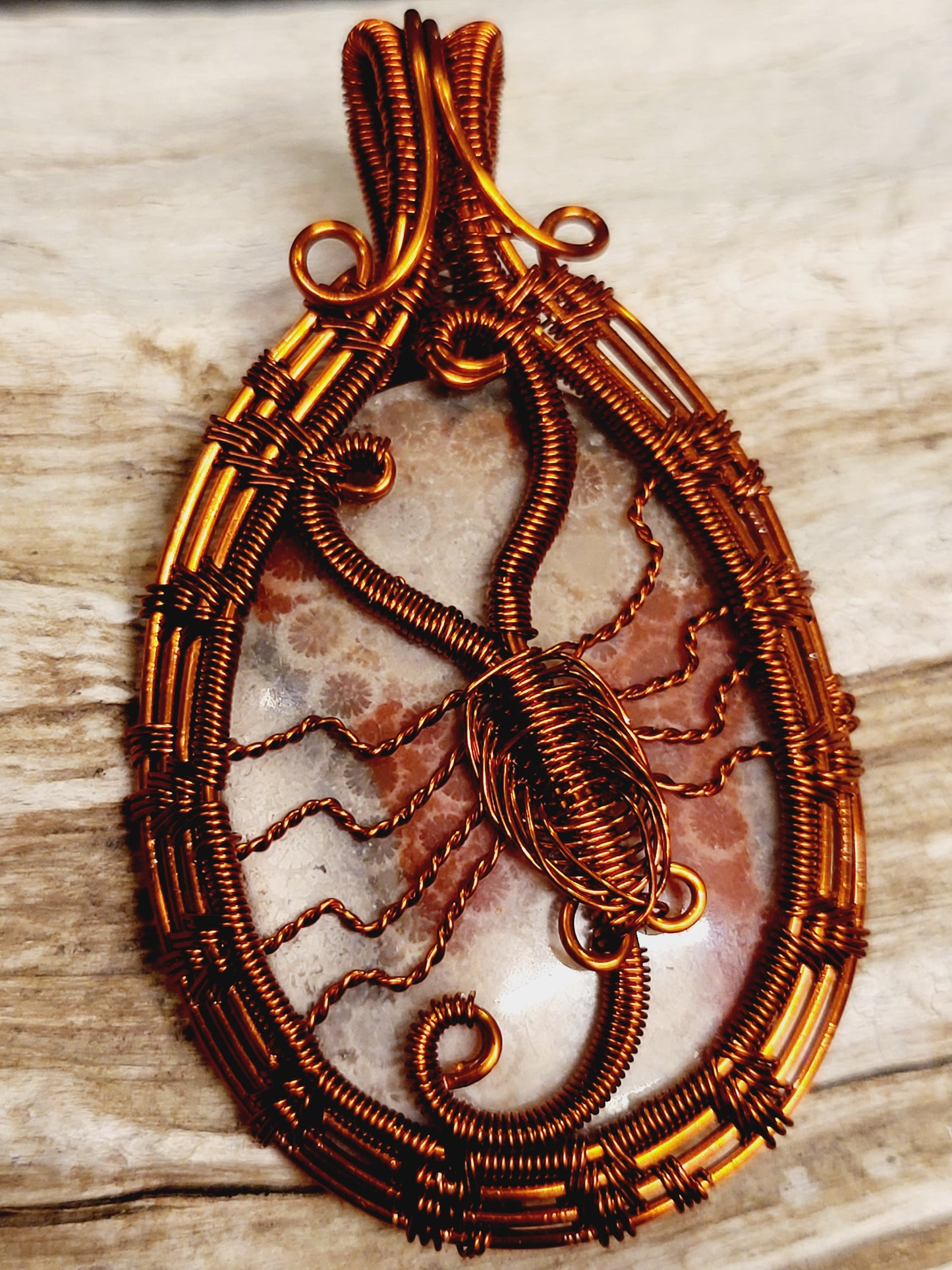 Fossilized Coral Scorpion Copper Wire Wrap Necklace Pendant