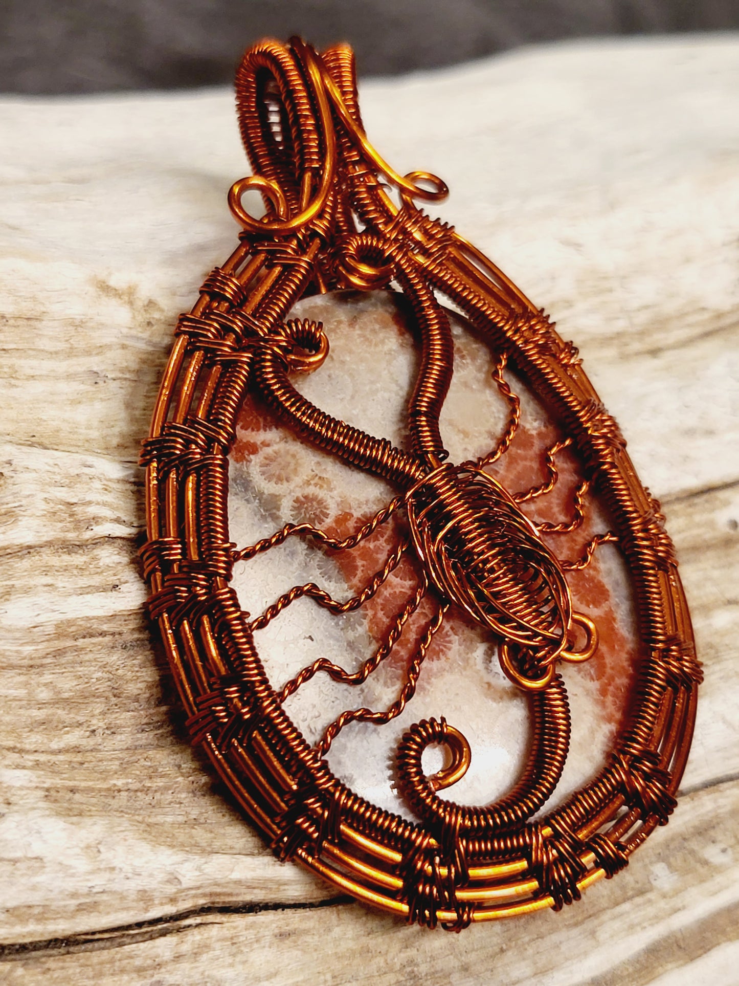 Fossilized Coral Scorpion Copper Wire Wrap Necklace Pendant