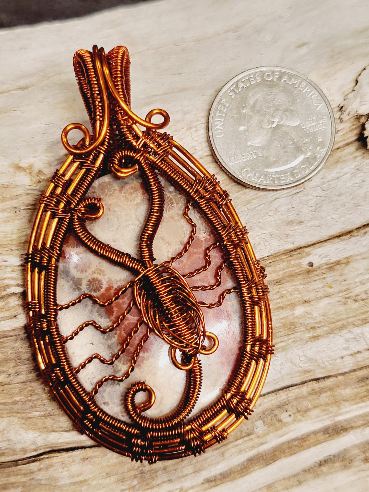 Fossilized Coral Scorpion Copper Wire Wrap Necklace Pendant