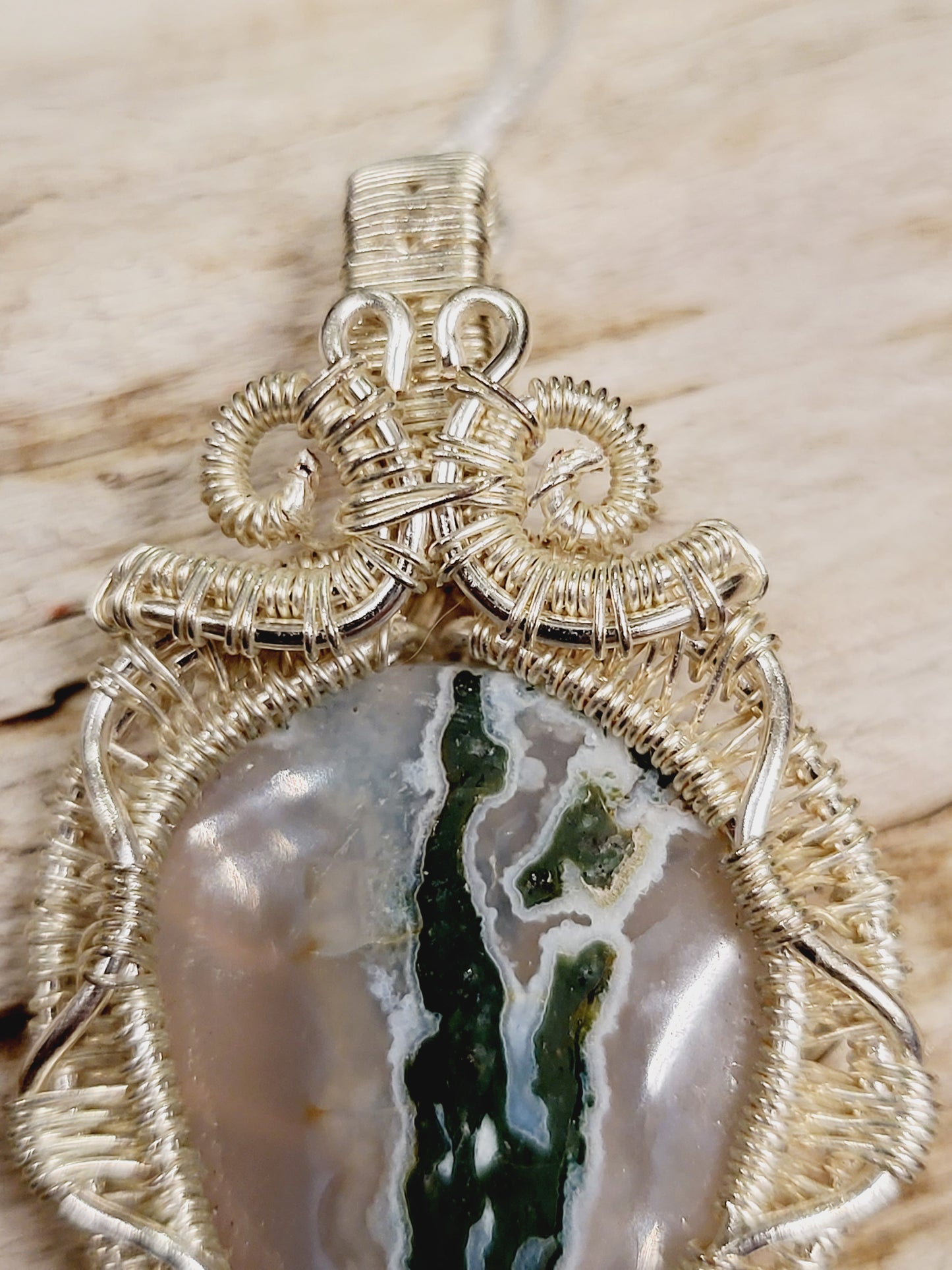 Moss Agate Silver Wire Wrapped Necklace Pendant