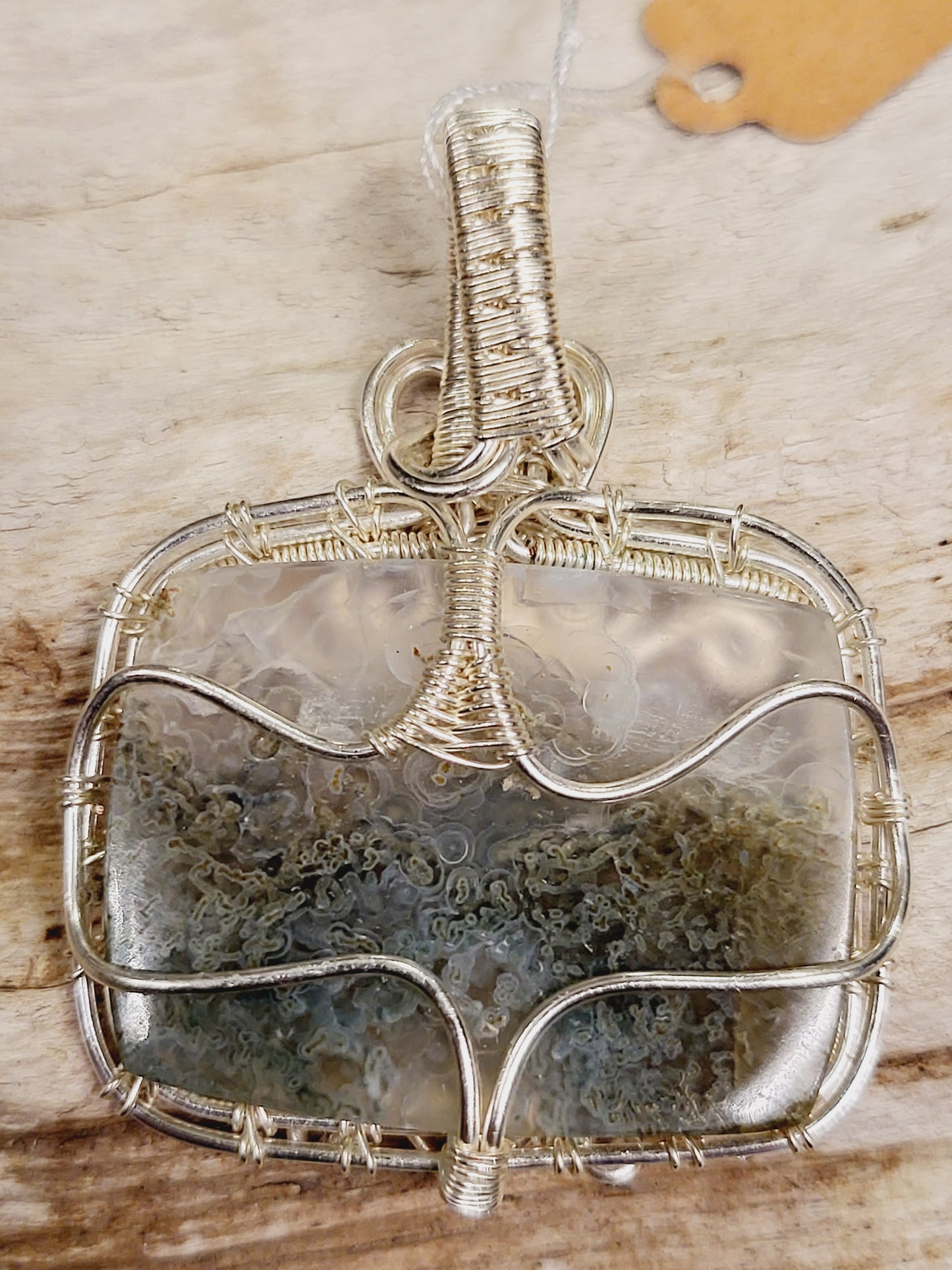 Moss Agate Silver Wire Wrapped Necklace Pendant