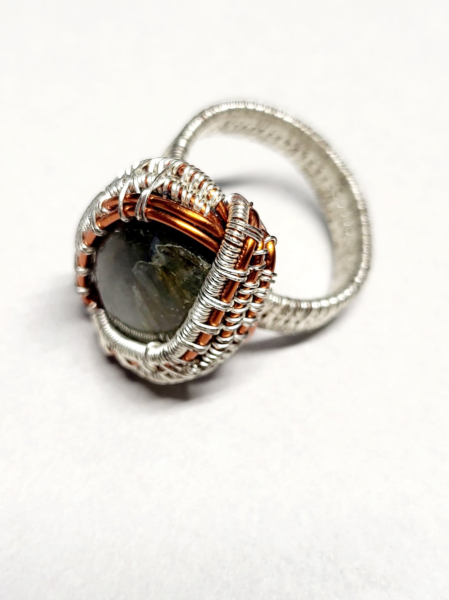 Labradorite and Silver/Copper Wire Wrapped Ring Size 12