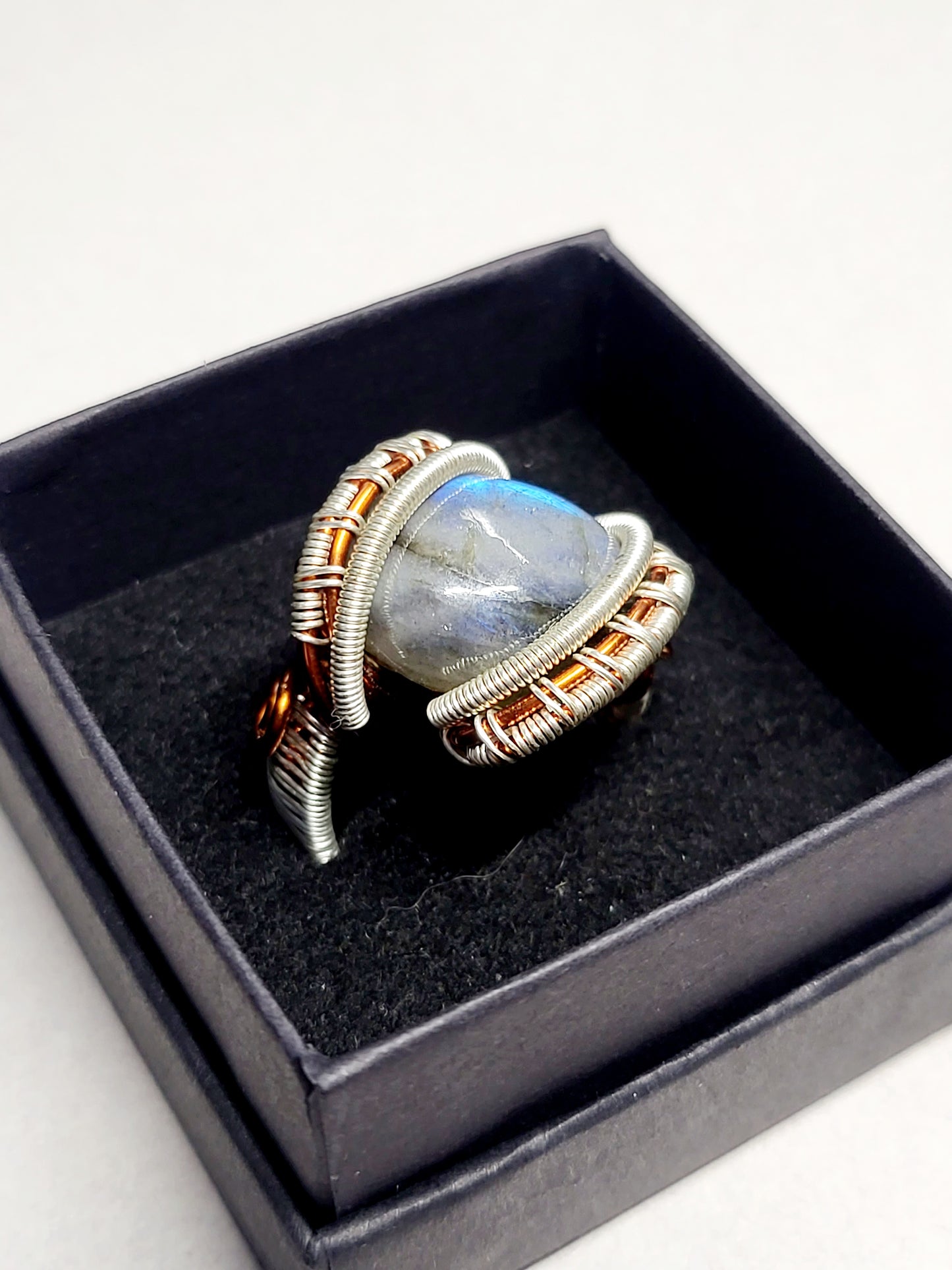 Labradorite and Silver/Copper Wire Wrapped Ring Size 9.5